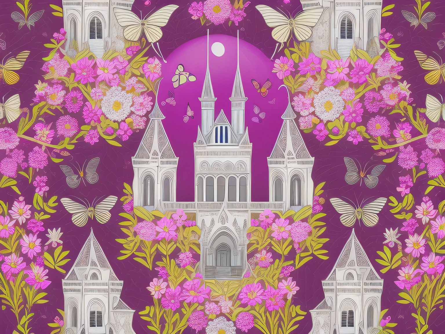 a whimsical gothic white castle, illuminated by a full moon and surrounded by a lush flower garden. Surrounded by butterflies