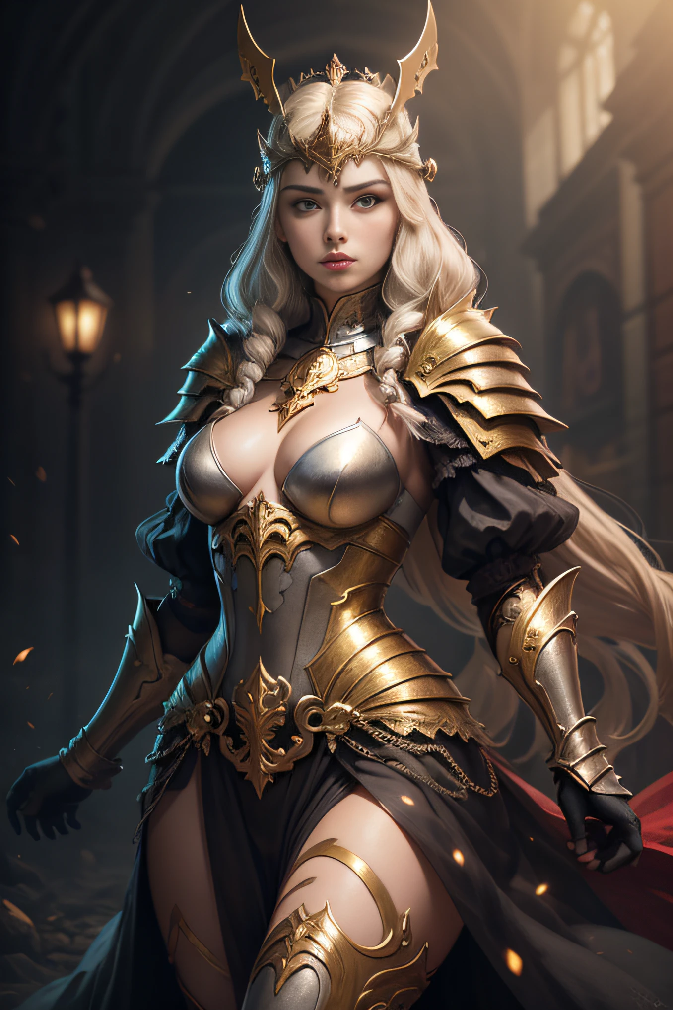 Blonde haired woman with braids, (Armadura nordica decotada dourada). Golden armor with glossy chrome black with sharp reflections. Pedras preciosas. ombros nus. (tiara). Low muscle definition. Pernas lindas. Ombros nus visiveis. Detailed lighting. artistic work. Beleza extrema. Roupa com efeito de gradiente colorido intenso. Professional image with high saturation. Camera profissional. illustration. cores vibrantes. olhos amarelos vibrantes, manto, capa de pelo, olhos dourados brilhantes, simetria, olhar intenso, detalhes pretos nas roupas, aura dourada, fogo, capa,sangue na armadura e corpo