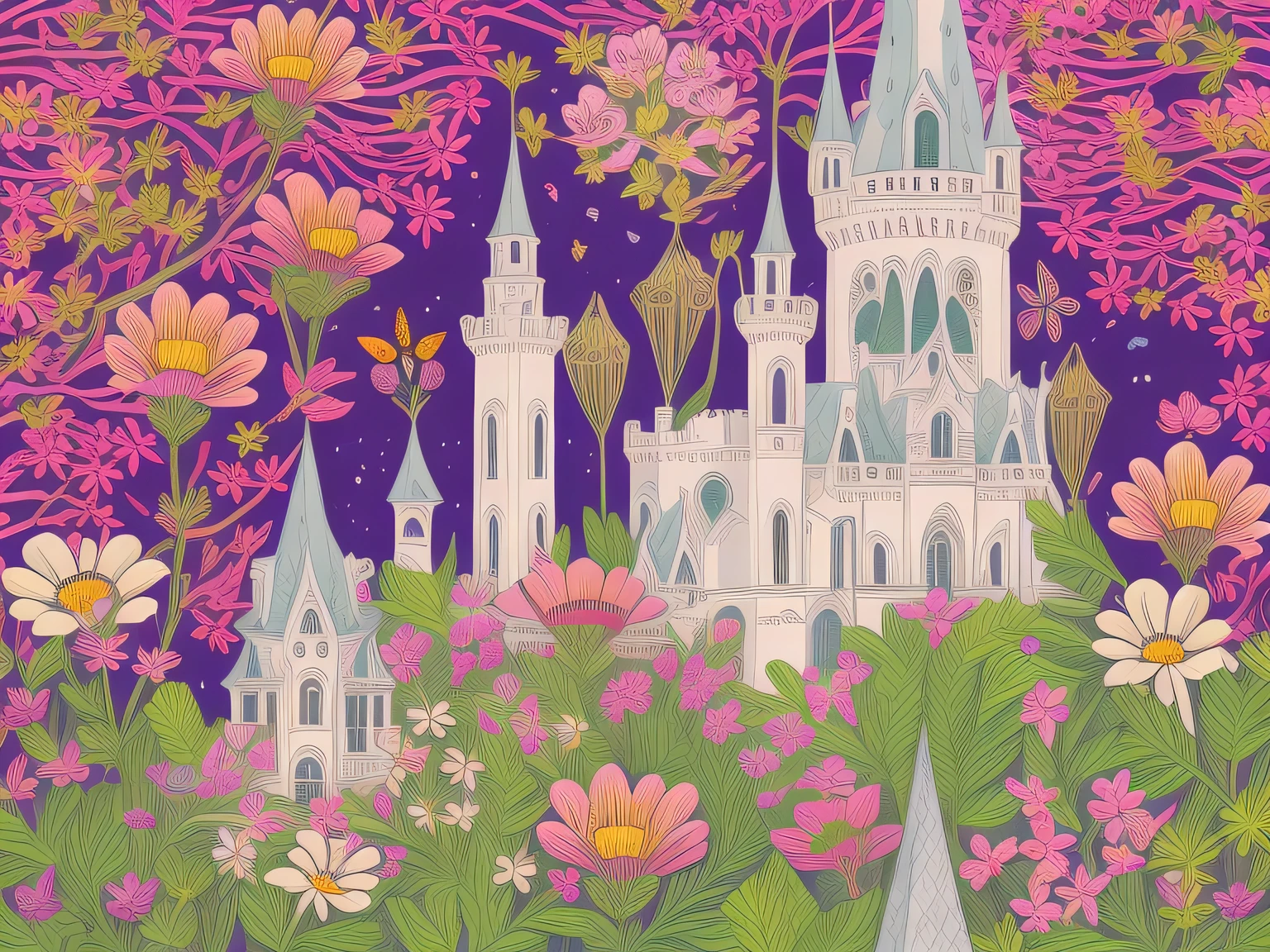 a whimsical gothic white castle, illuminated by a full moon and surrounded by a lush flower garden. Surrounded by butterflies