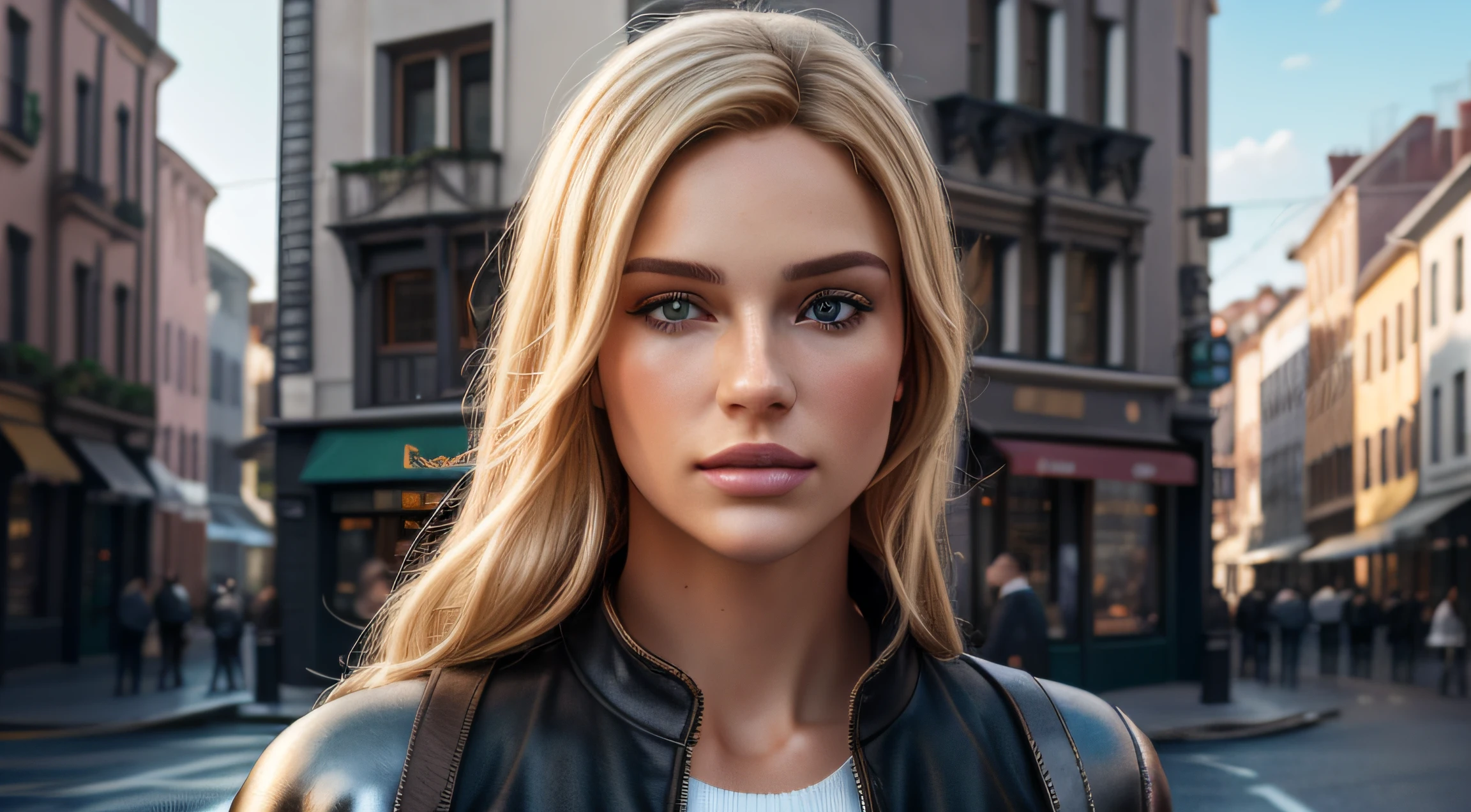 Image of a handsome Caucasian woman on a street that is out of focus, staring into the camera, blonde hair, rule of thirds, locate to the right of the image, wide angle lens, 5 meter distance from the camera, landscape, man, young, handsome face, detailed face, fair skin, detailed hair, looking at viewer, stunning realistic photograph, octane render, intricately detailed, cinematic, Isometric, hyperrealistic cover photo, awesome full color, 12k, high definition, cinematic, stylized digital art, smooth, ultra high definition, 8k, unreal engine 5, intricate artwork masterpiece, vibrant, (masterpiece), (best quality), (ultra high resolution), (8k resolution), (ultra detailed), (raytracing),