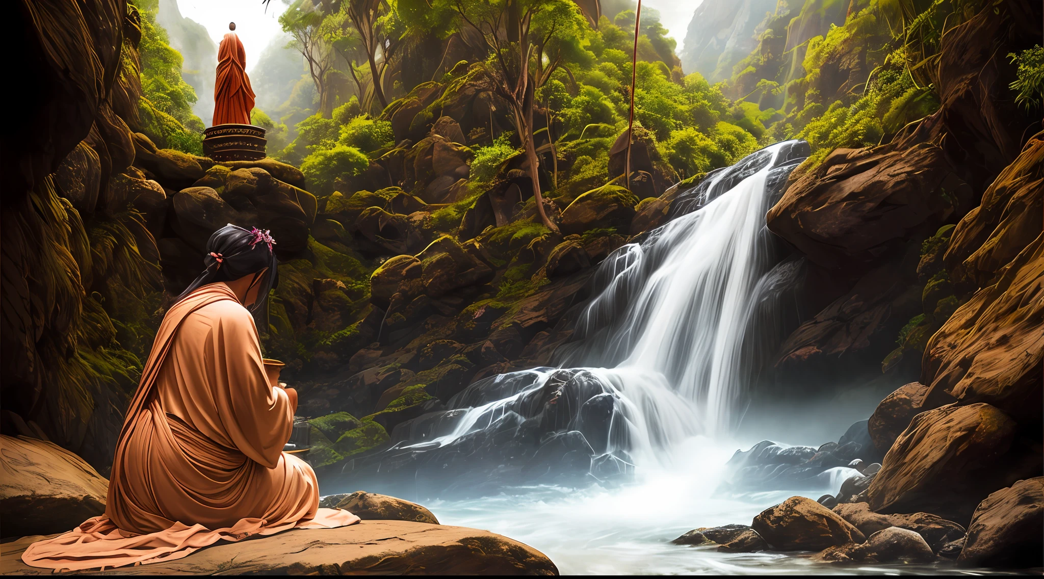 mujer"Sacerdotisa voluptuosa y misteriosa meditando en un paisaje encantador cerca de una cascada, Dressed in a sacred robe and adorned with tattoos and piercings, framed by a magnificent Hindu temple. The image is an ultra-realistic representation captured in stunning detail." --auto