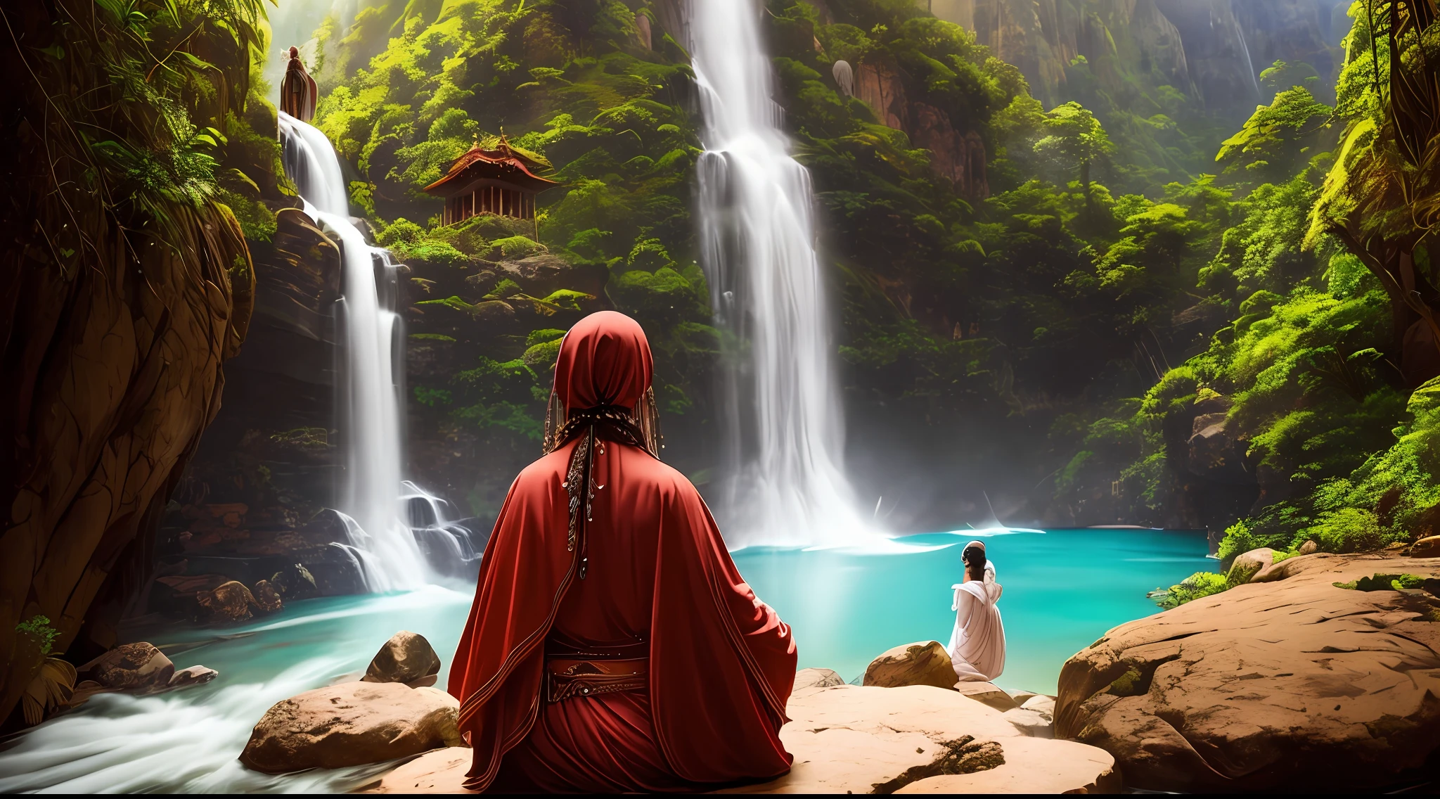 mujer"Sacerdotisa voluptuosa y misteriosa meditando en un paisaje encantador cerca de una cascada, Dressed in a sacred robe and adorned with tattoos and piercings, framed by a magnificent Hindu temple. The image is an ultra-realistic representation captured in stunning detail." --auto