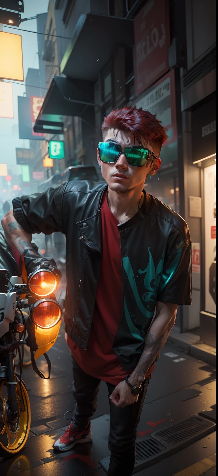 masterpiece, highest quality, realistic, subsurface scattering, chromatic lighting,
colorized, red + yellow + green + blue limited color palette, detailed concept drawing, line-art, illustration,
cyberpunk,
18yo 1man,
extrovert,
slick hair,
red jacket,
arms crossed,
looking mean,
America,
city,
club, people,
wet street surface,
detailed background,