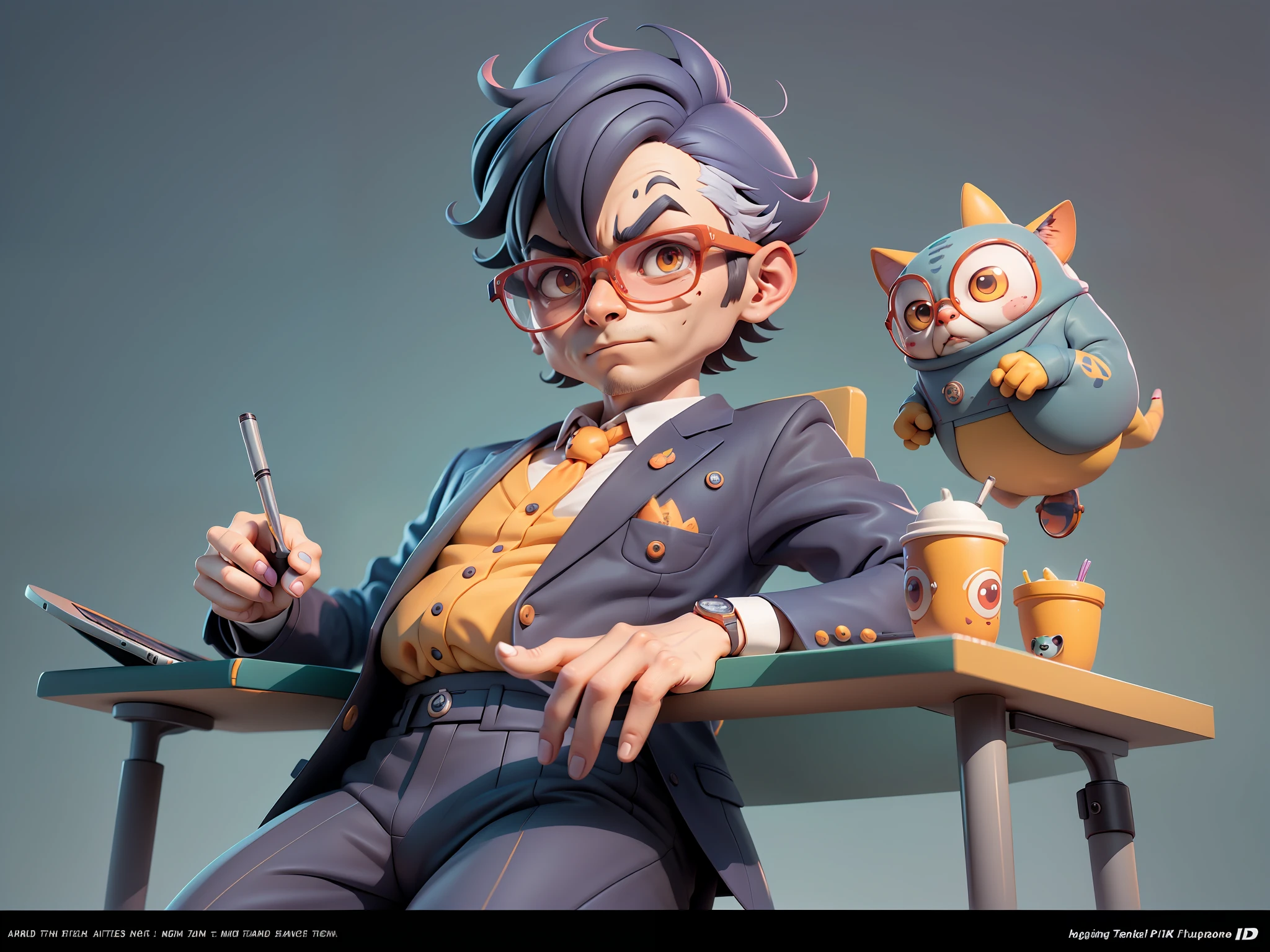 A young man in a suit, Short hair and glasses sat at his desk，holding laptop，digitial painting，tigre，3D character design by Mark Clairen and Pixar and Hayao Miyazaki and Akira Toriyama，4K HD illustration，Very detailed facial features and cartoon-style visuals。