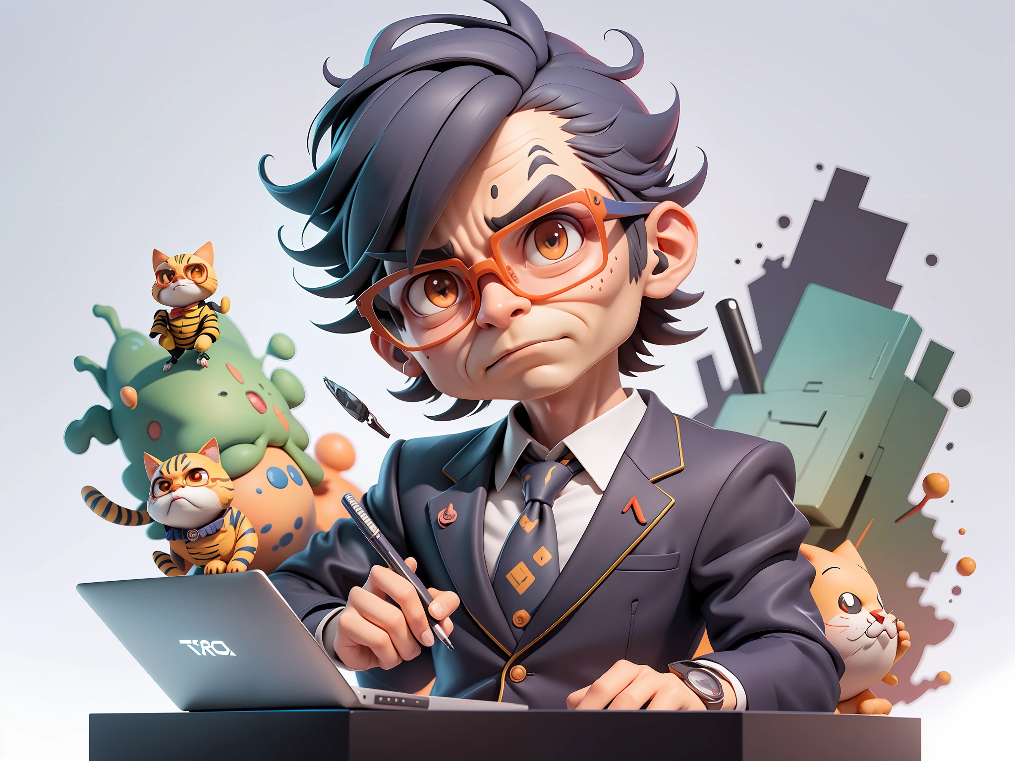 A young man in a suit, Short hair and glasses sat at his desk,holding laptop,digitial painting,tigre,3D character design by Mark Clairen and Pixar and Hayao Miyazaki and Akira Toriyama,4K HD illustration,Very detailed facial features and cartoon-style visuals。