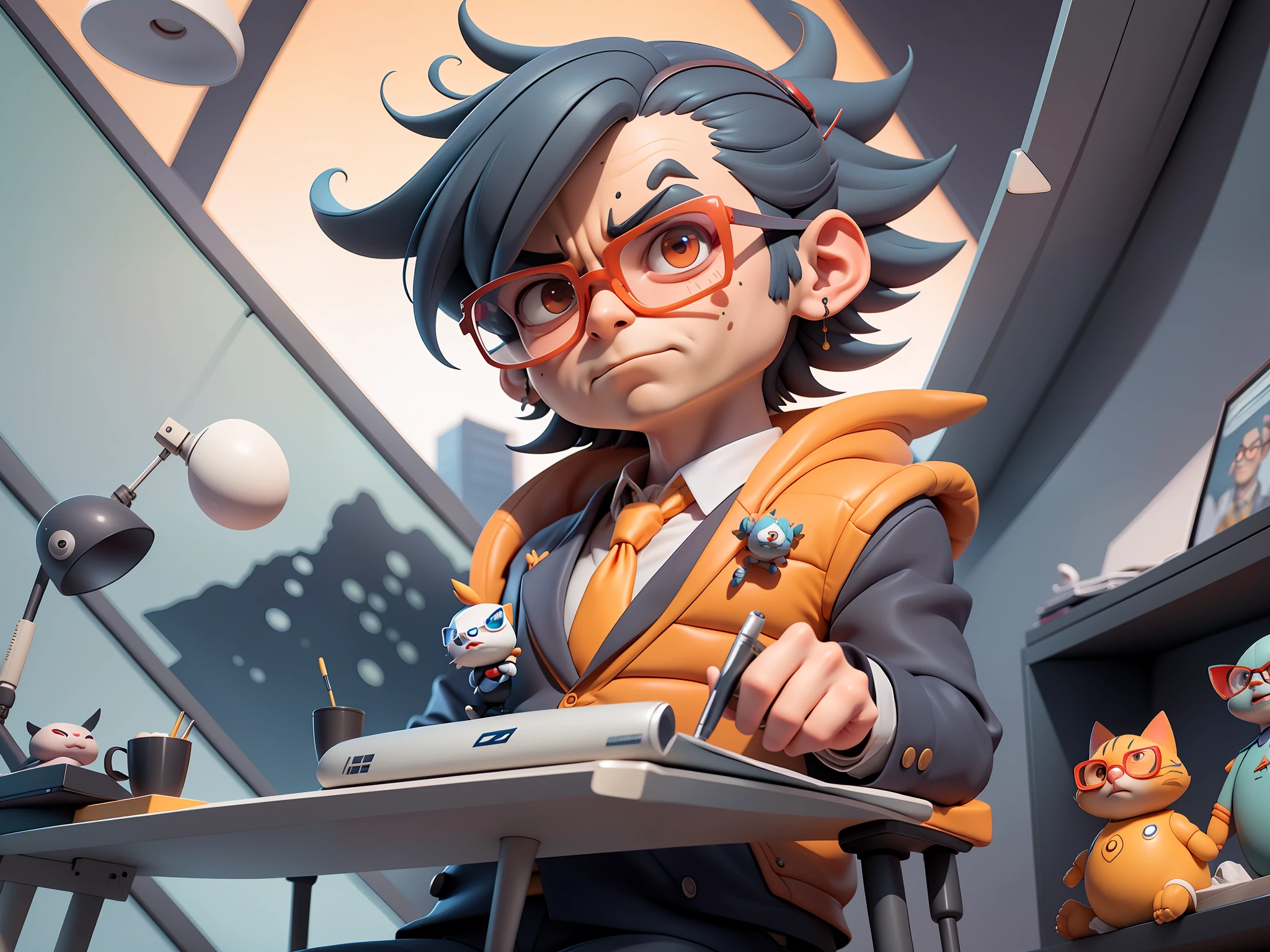 A young man in a suit, Short hair and glasses sat at his desk,holding laptop,digitial painting,tigre,3D character design by Mark Clairen and Pixar and Hayao Miyazaki and Akira Toriyama,4K HD illustration,Very detailed facial features and cartoon-style visuals。