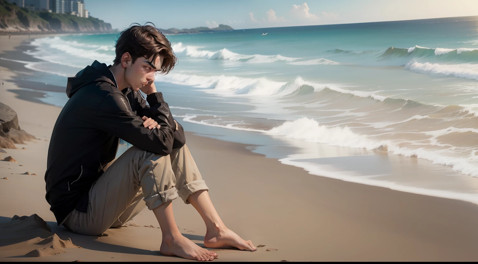 Lonely young man on the beach, de costas