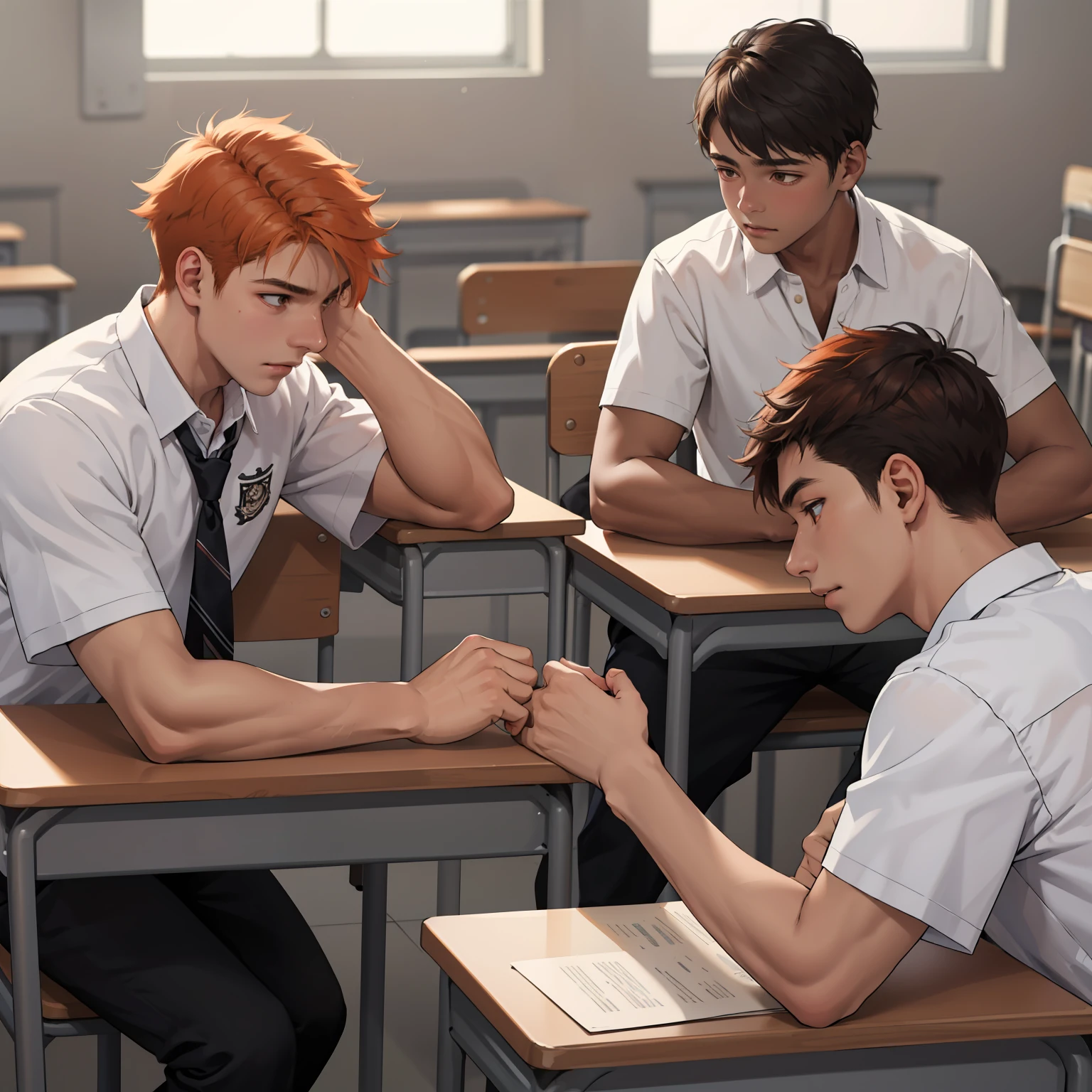 15-year-old male adolescents with brown Latin skin and orange hair, estan en la escuela hablan preocupados sobre algo importante