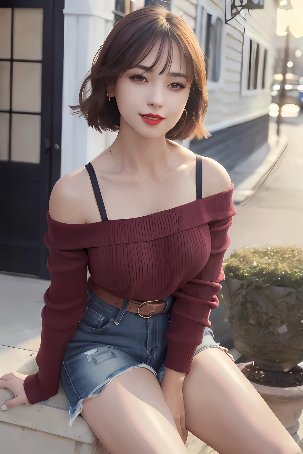 (intricate details:1.3), (best quality:1.2), (masterpiece:1.3), realistic, 8K UHD, High definition, High quality texture, intricate details, detailed texture, finely detailed, high detail, extremely detailed cg, High quality shadow, a realistic representation of the face, beautiful detailed, (high detailed skin, skin details), Detailed beautiful delicate face, face looking to the left, Detailed beautiful delicate eyes, a face of perfect proportion with smile, Film Grain, Depth of field, Cinematic Light, dramatic light, Lens Flare, Ray tracing, perspective, 20s, (photorealistic:1.2),
1girl, bare_shoulders, belt, black_footwear, blurry, blurry_background, bra_strap, breasts, building, coffee, collarbone, cup, day, disposable cup, full body, lips, lipstick, long sleeves, looking at viewer, makeup, off-shoulder shirt, off-shoulder sweater, off shoulder, outdoors, pantyhose, red lips, shirt, short hair, shorts, sitting, smile, solo, stool, striped, striped shirt