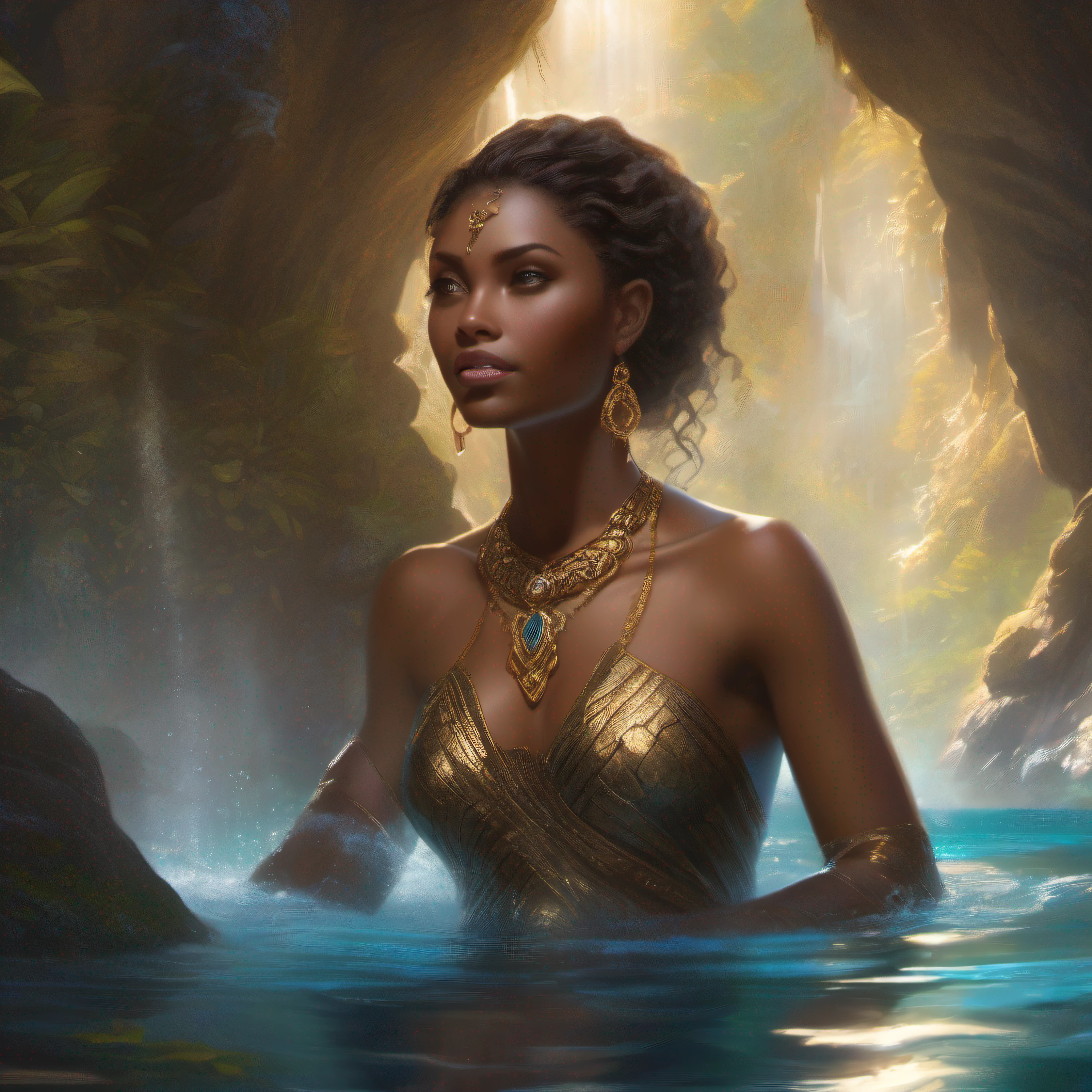 a beautiful brown skinned ebony goddess emerges from a cave’s pool of magical water, highly detailed, sharp focus, intricate details, highly detailed, by Thomas Kinkade and Artgerm, intricately detailed 8k resolution concept art by Greg Rutkowski, 4K