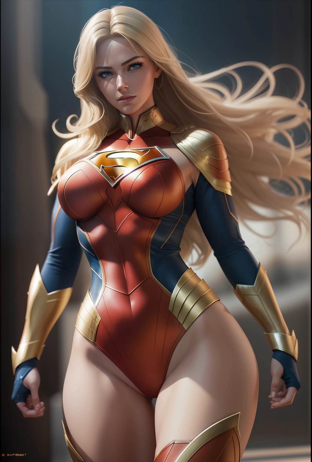 Beautiful superheroine blonde waist, detailed skin, realistic, photo-realistic, 8k, highly detailed, full length frame, High detail RAW color art, piercing, diffused soft lighting, shallow depth of field, sharp focus, hyperrealism, cinematic lighting in combat suit, Ultra HD