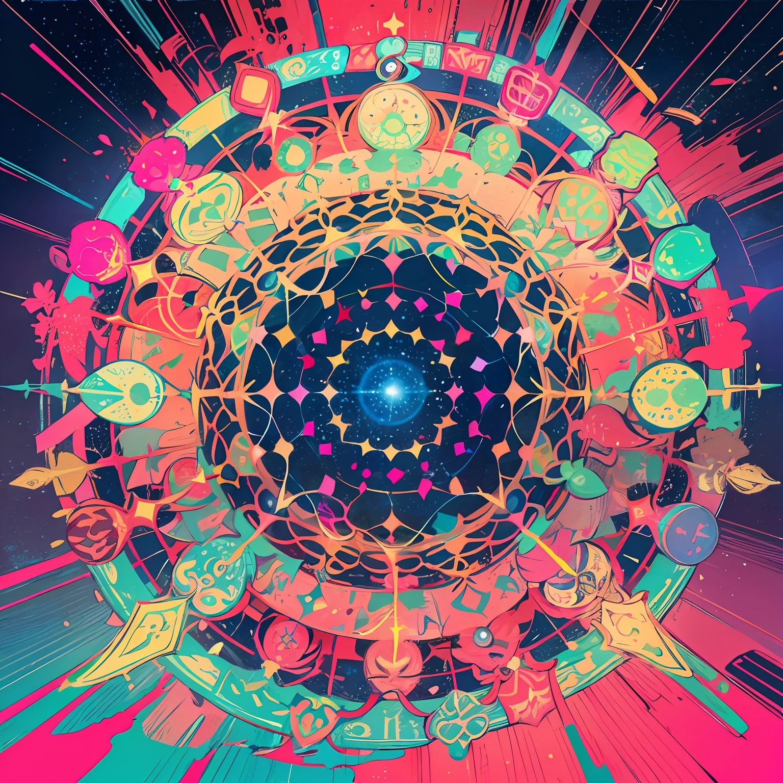 (Fractal Art: 1.4), Overflowing Hope, Various Objects Jumping Out (Vivid Colors: 1.4), Vibrant Colors Spreading Like Smoke, (Mandala: 1.4), (Vivid Colors: 1.4), (Many Colors: 1.4), Constellation Patterns