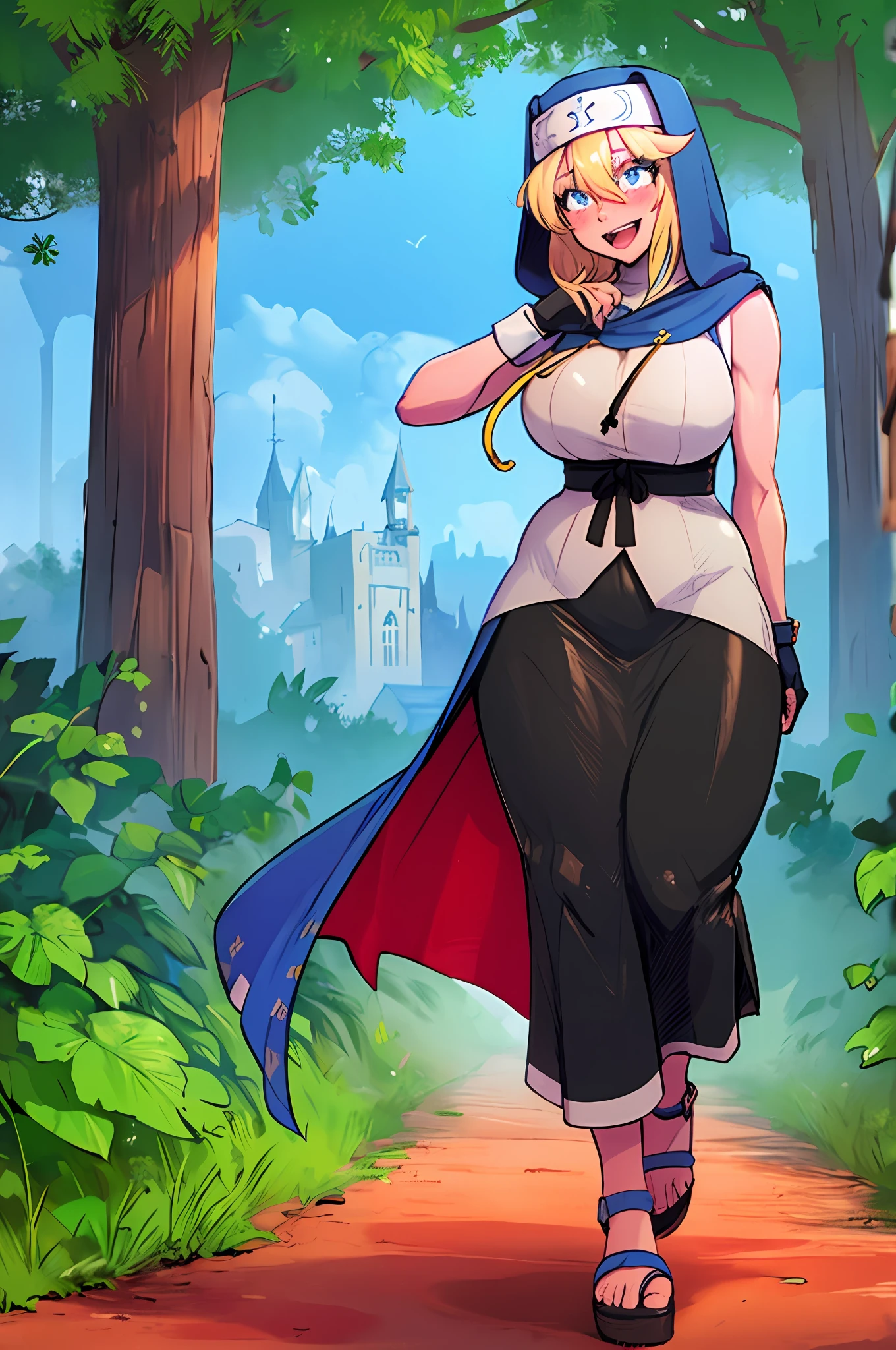 ull body,blonde hair,otoko no ko,female, focus,1girl,hood,solo,gloves,,smile,hair between eyes,blush,black gloves,skirt,open mouth,bangs,blue s,simple background,blue eyes,bridget girl,huge breast, curvy, medieval cloths, priestess, nun, full body, walking, flip flops, village, forest, long skirt, pants