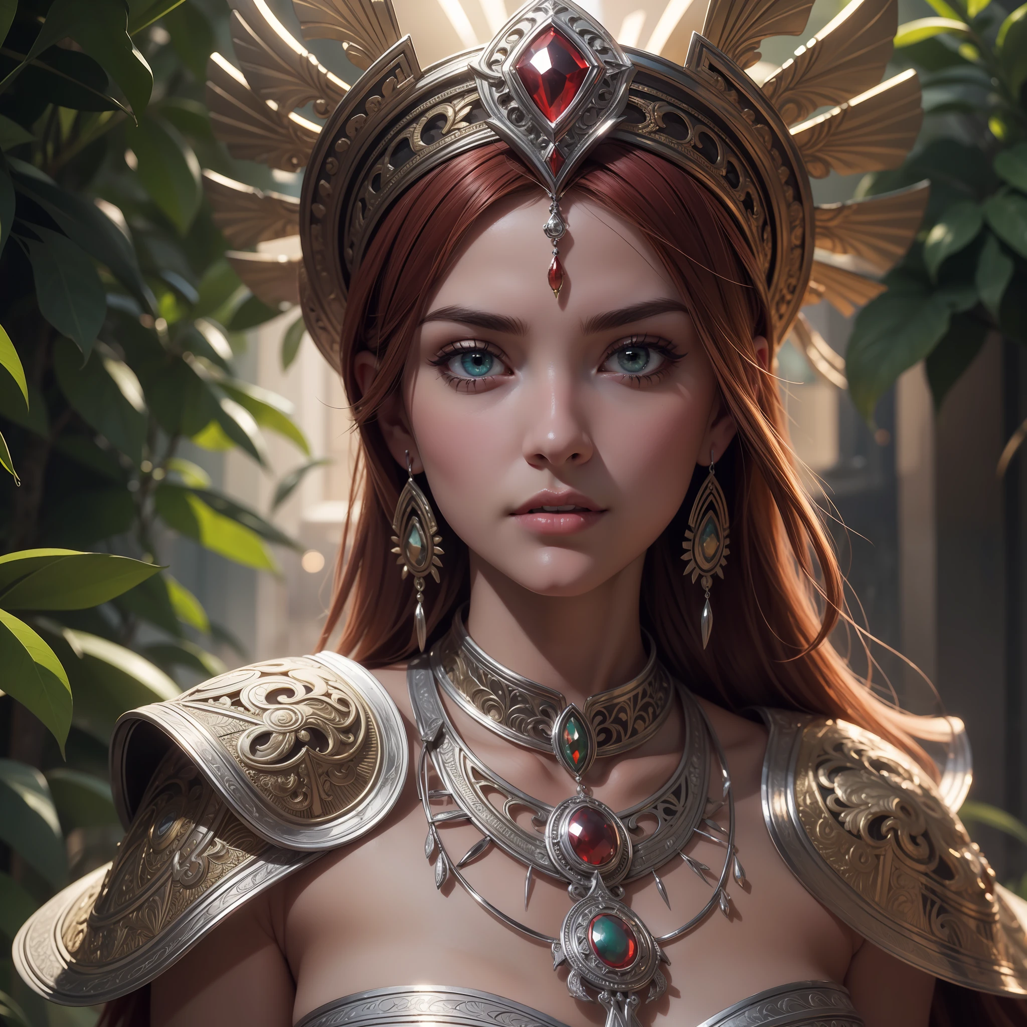 (masterpiece:1.2), original, masterpiece, best quality, official art, (extremely detailed 8k wallpaper), (extremely fine and beautiful:1.2), (beautiful and clear background) beautiful portrait of an Inca goddess, glamorous and sexy, red hair, beautiful face, green eyes, sexy pose, ((silver filigree)), Ivory accessories, intricate, highly detailed, in Inca city of gold, 8k digital painting, concept art, sharp focus, cinematic lighting, illustration, best quality, beautiful face