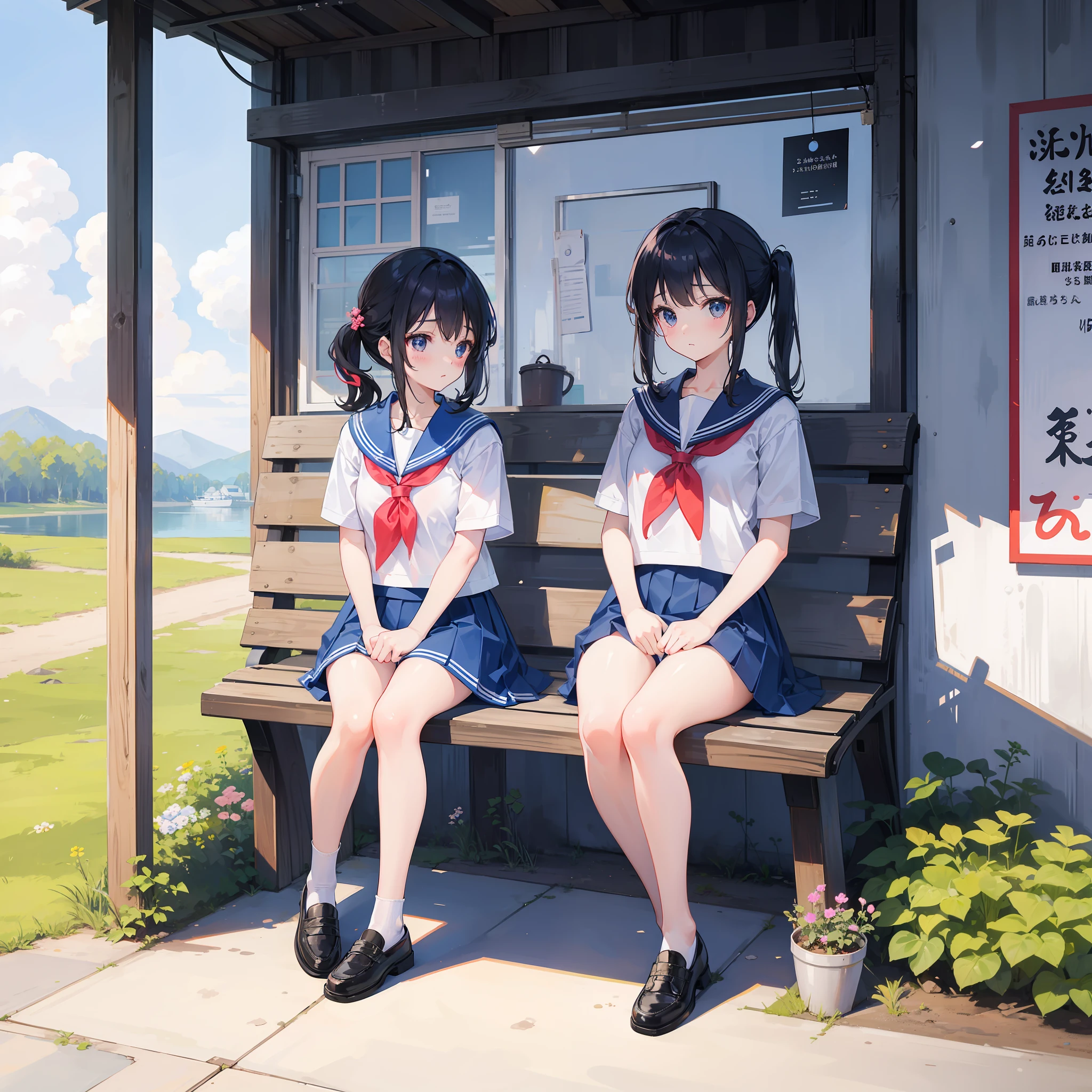 　Elementary school girl　Lonely looilor suit　Depopulated countryside in summer　evening　Wooden hut bus stop　Sitting on a bench　The skirt is rolled up　Open your knees、open one's legs　White panties are visiring athletic shoes