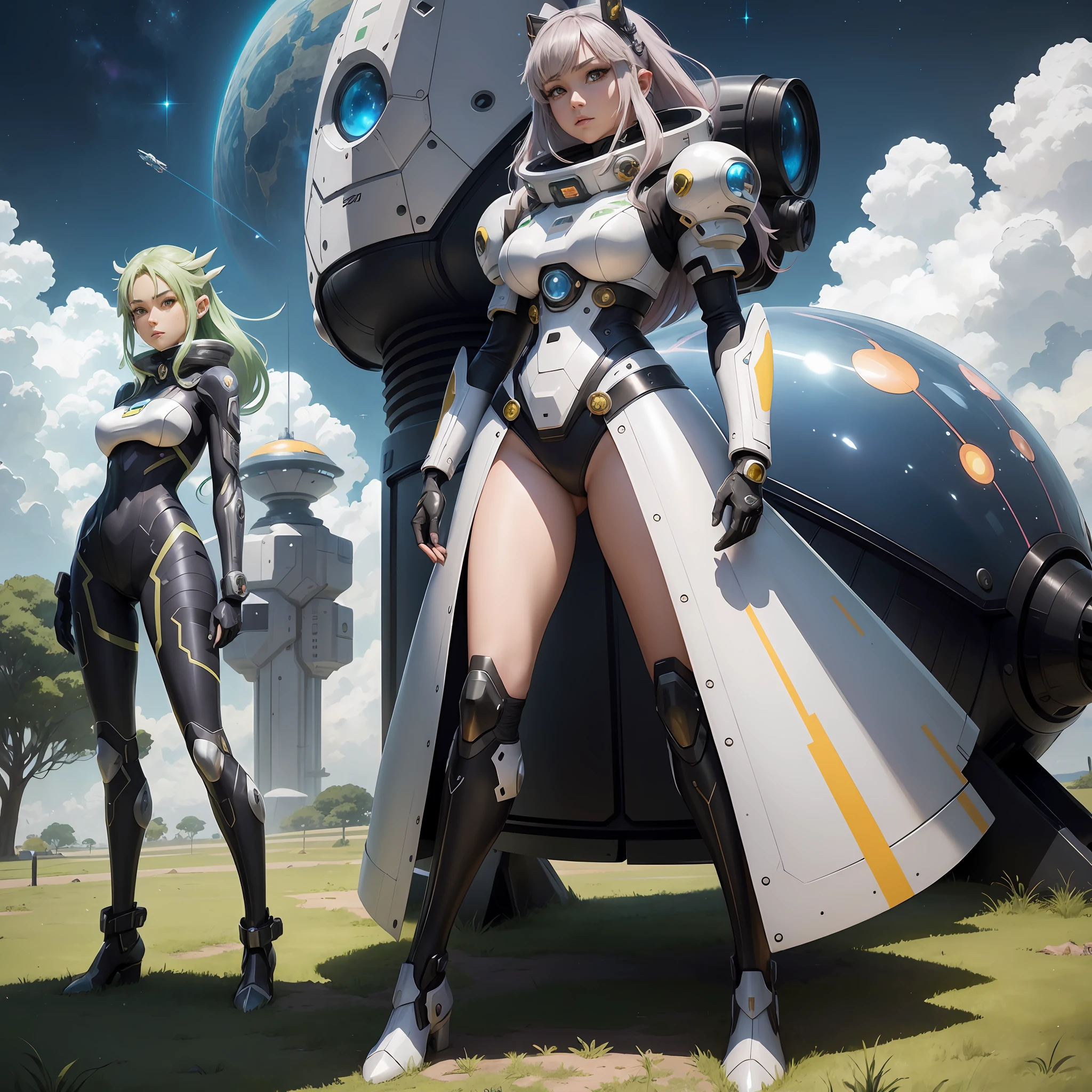 ２D Anime, Beautiful woman in futuristic spacesuit、Space Cyberpunk Anime、Only one woman, standing on the grass, Fashionable,Ghibli Anime、I have a futuristic powerful big weapon、Female Space Cartoon Character Anime, Elf Robot Character, warrior princess, Watercolor touch、character designs, Mechanical Character Design, kosmos,Game Character Cute Design, character artwork、cosmic space