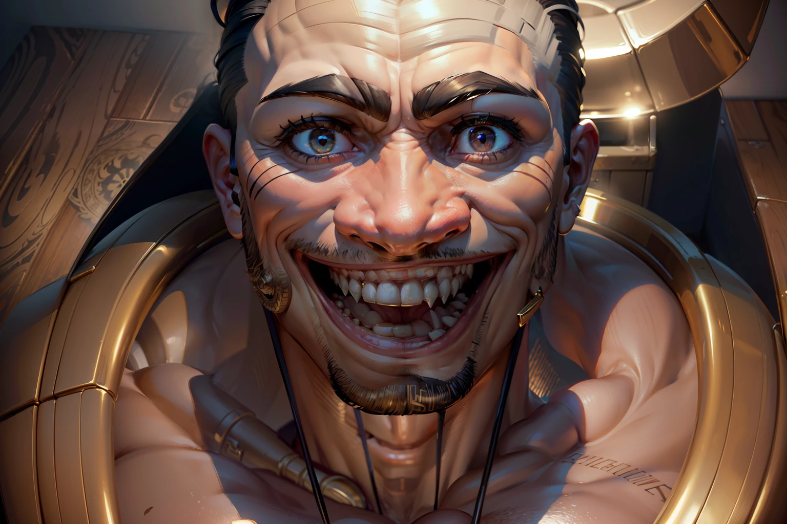 Skibidi Toilet, head changed only, slightly changed facial features, muscular, caricatured, with one broken golden horn on the left, with a golden tooth in its mouth, hyper-detailed, cinematic, warm lights, intricate details, highly realistic, dark radial background, (colors Muted: 1.38), (Neutrals: 1.2)