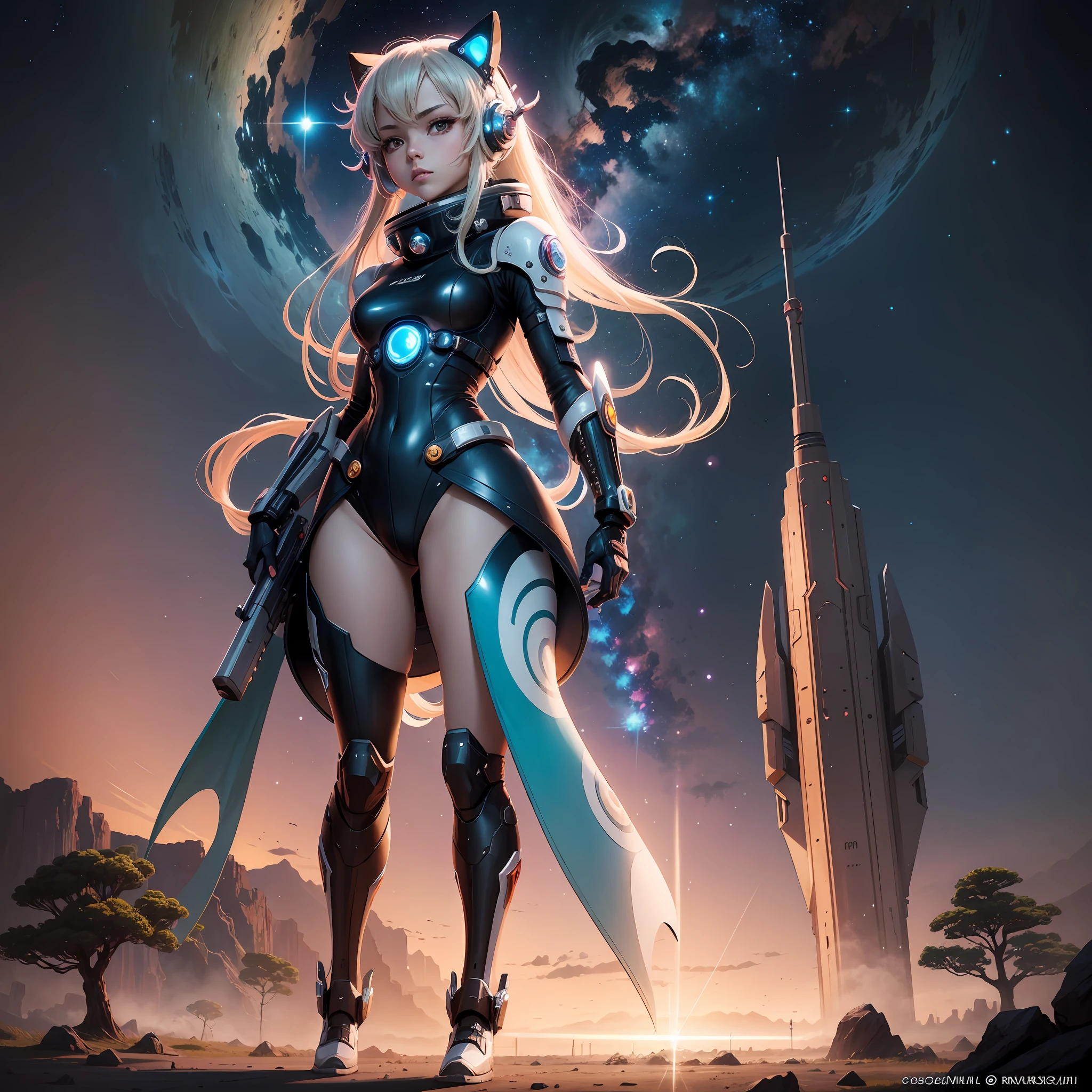 full body Esbian2D Anime, beautiful woman in spacesuit、Space Cyberpunk Anime、Only one woman, standing on the grass, Fashionable,Ghibli Anime、I have a futuristic powerful weapon、Female Space Cartoon Character Anime, Elf Robot Character, warrior princess, character designs, Futuristic mechanical character design, kosmos,Game Character Cute Design, character artwork、cosmic space、frontage、FULL BODYSHOT、Full Body Pose