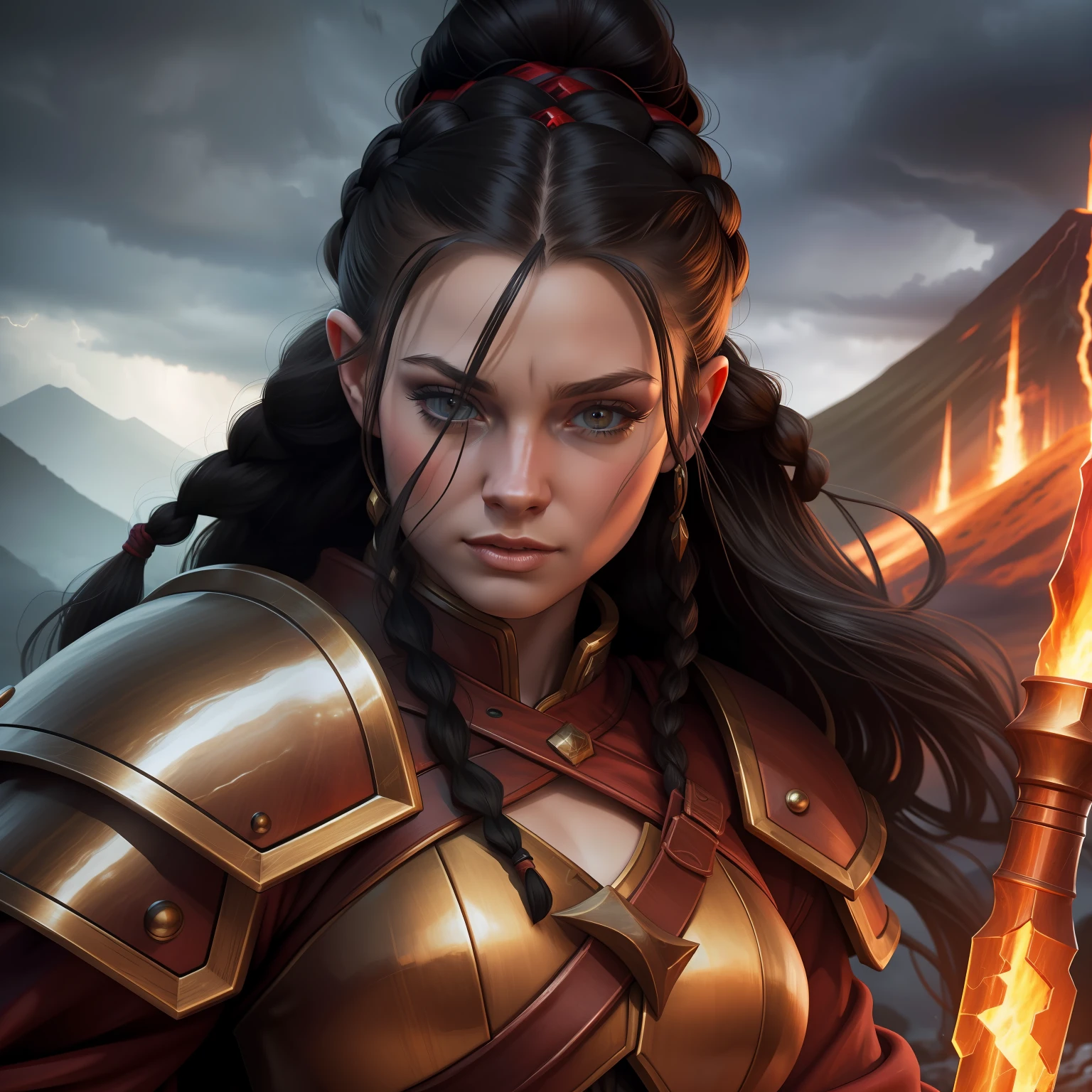 8k, high definition, masterpiece, huge resolution, (warhammer fantasy style:0.8), (dwarf:1.0), (short limbs:0.8), (woman:1.0), (Short height:0.8), (illustration), close up, 1girl, armored robes, action shot, realistic reflections, cinematic composition, solo, red thunder storm, cloudy ash sky, mood lighting, big head, pale skin, Black hair styled in braids, volcano background,