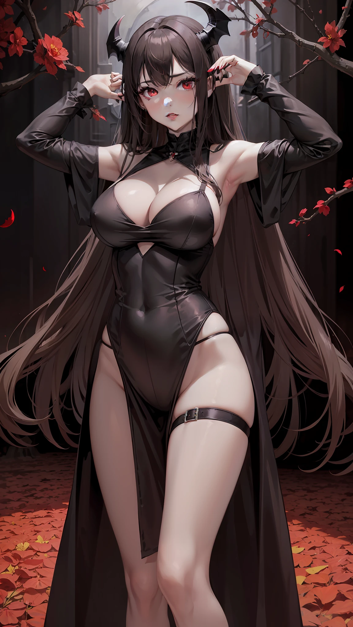 Masterpiece, highest quality, high resolution, solo, large breasts, red eyes, pale ivory skin, long hair, dark brown hair, bangs, vampire, gothic, illuminating light, black outfit, sexy bdsm outfit, cute pose standing, black horns, red flower petals, sexy