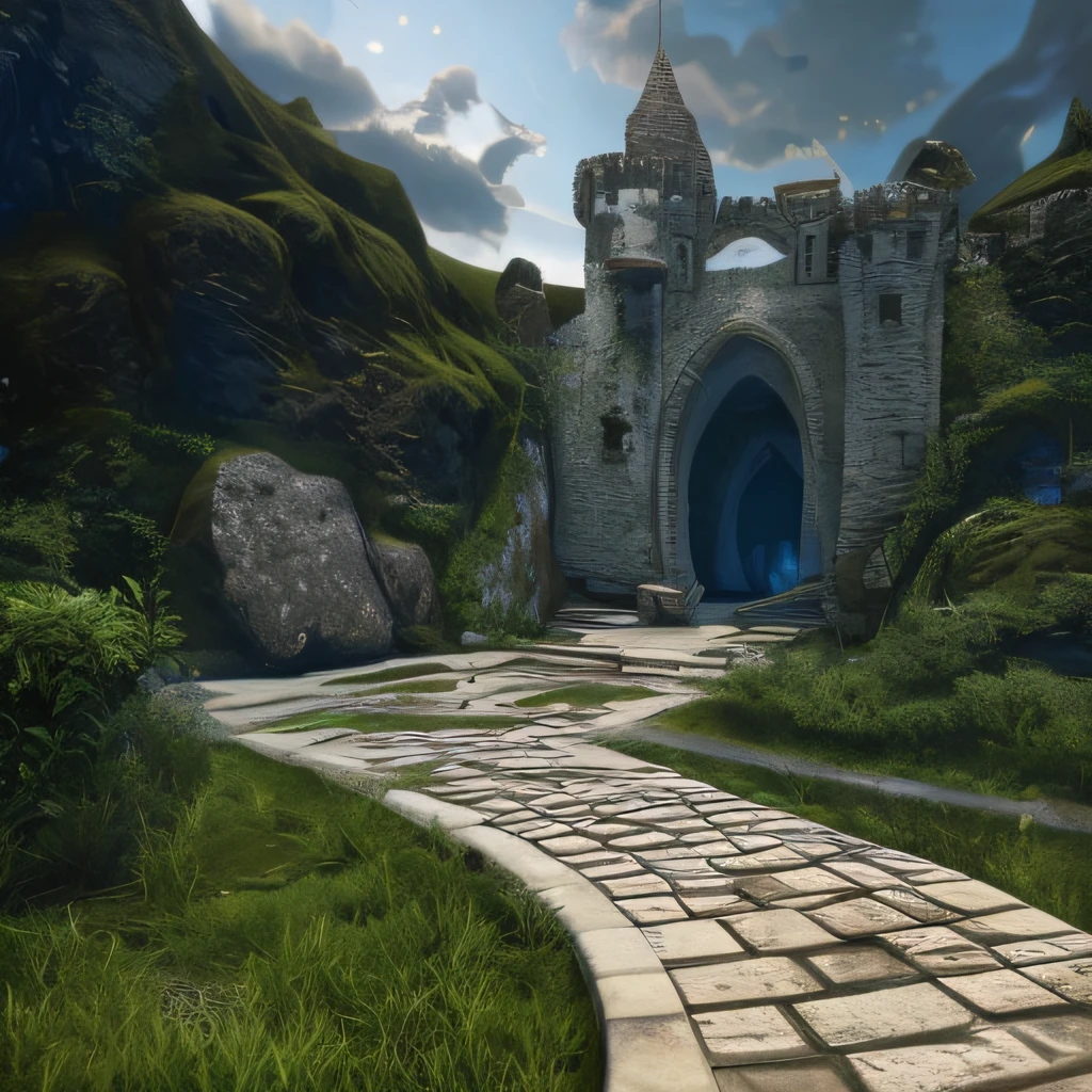 a large stone castle with a gate and a walkway leading to it, beautiful render of a fairytale, no fundo do castelo tem um riacho com a agua critalina e folhagens , realistic fantasy rendering, renderizado no motor unreal, fundo medieval do castelo, renderizado em unreal engine 3d, fantasia 3 d render, Portal da Fortaleza, renderizado no Unreal Engine 3, Castelo da Fantasia, stuning fantasia 3 d render, stylized as a 3d rendering