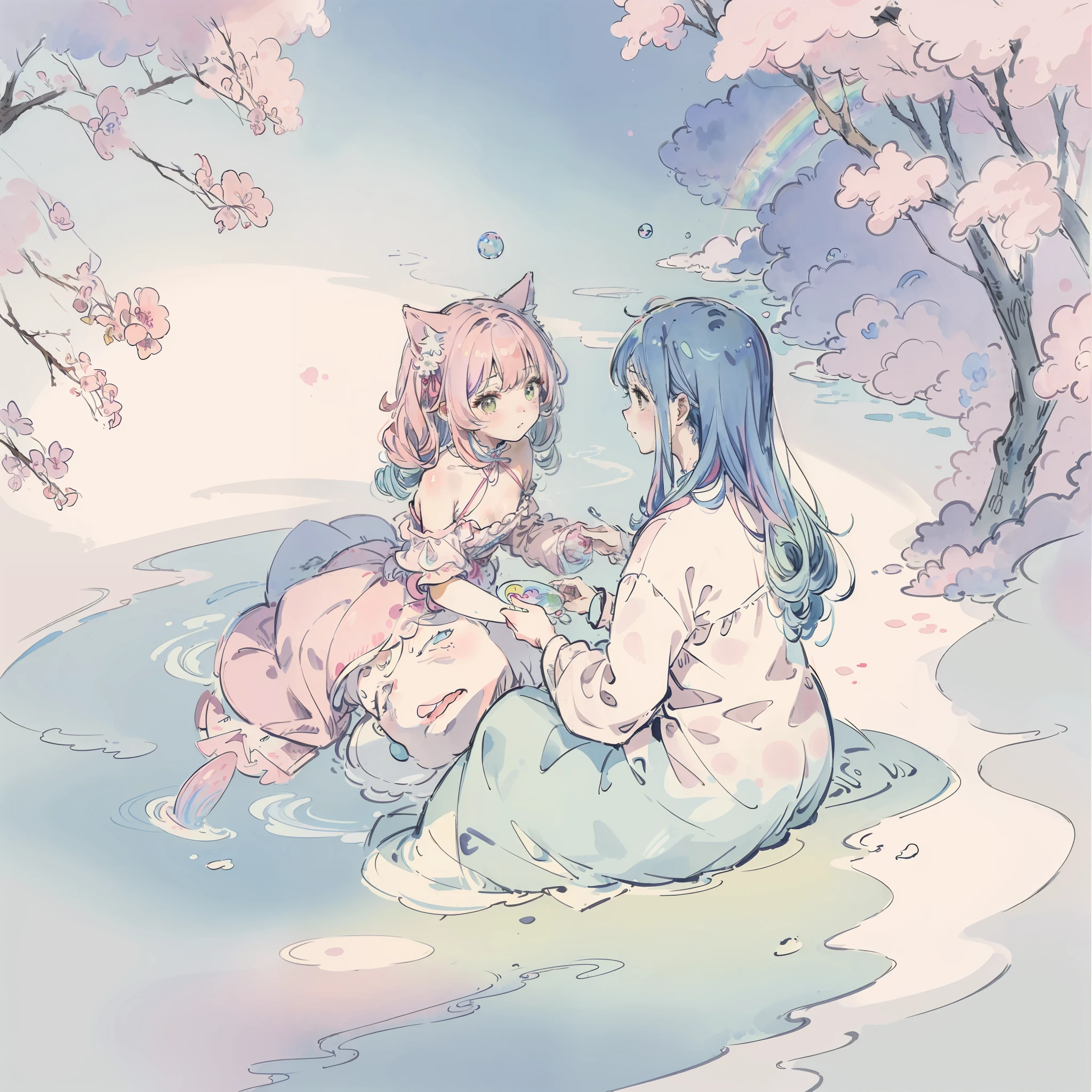 Yumekawa 、Cute as a dream、a pale、Moya、(masterpiece、top-quality、top-quality、watercolor paiting(Curly)、Take a cute cat、Official art、Beautifully Aesthetic:1.2)、(a beauty girl:1.3)、patterns、(rainbow-colored hair、colourful hair、Half blue and half pink hair:1.2)、Soap bubbles、Rainbow behind、clouds、colourfull、Soap bubbles、Hair spreads throughout、kawaii、pastels、Large ribbon、Lovely room、Rainbow Cat Plush Toy