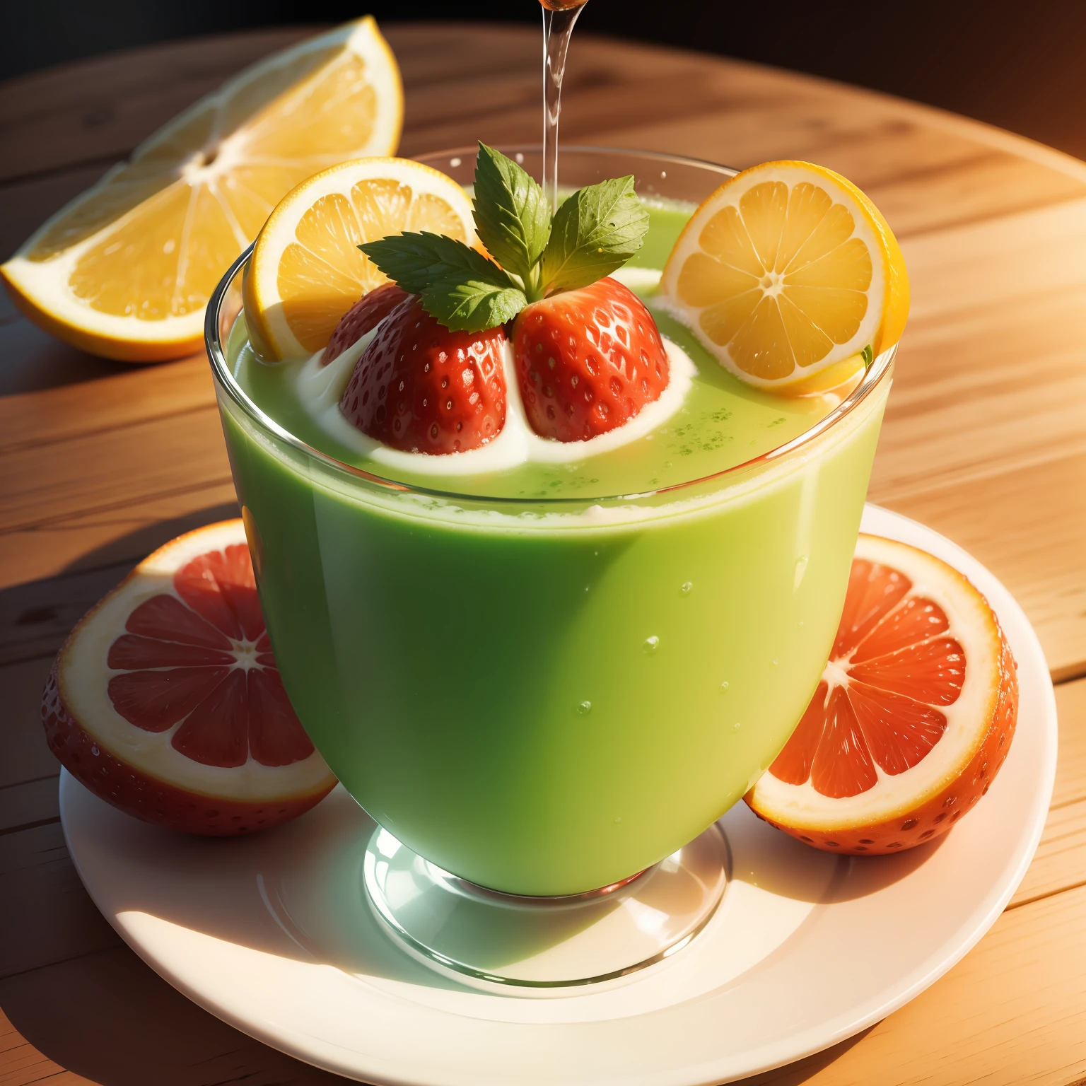 um copo de suco com o liquido voando quase fora do copo, com algumas frutas sobre a mesa