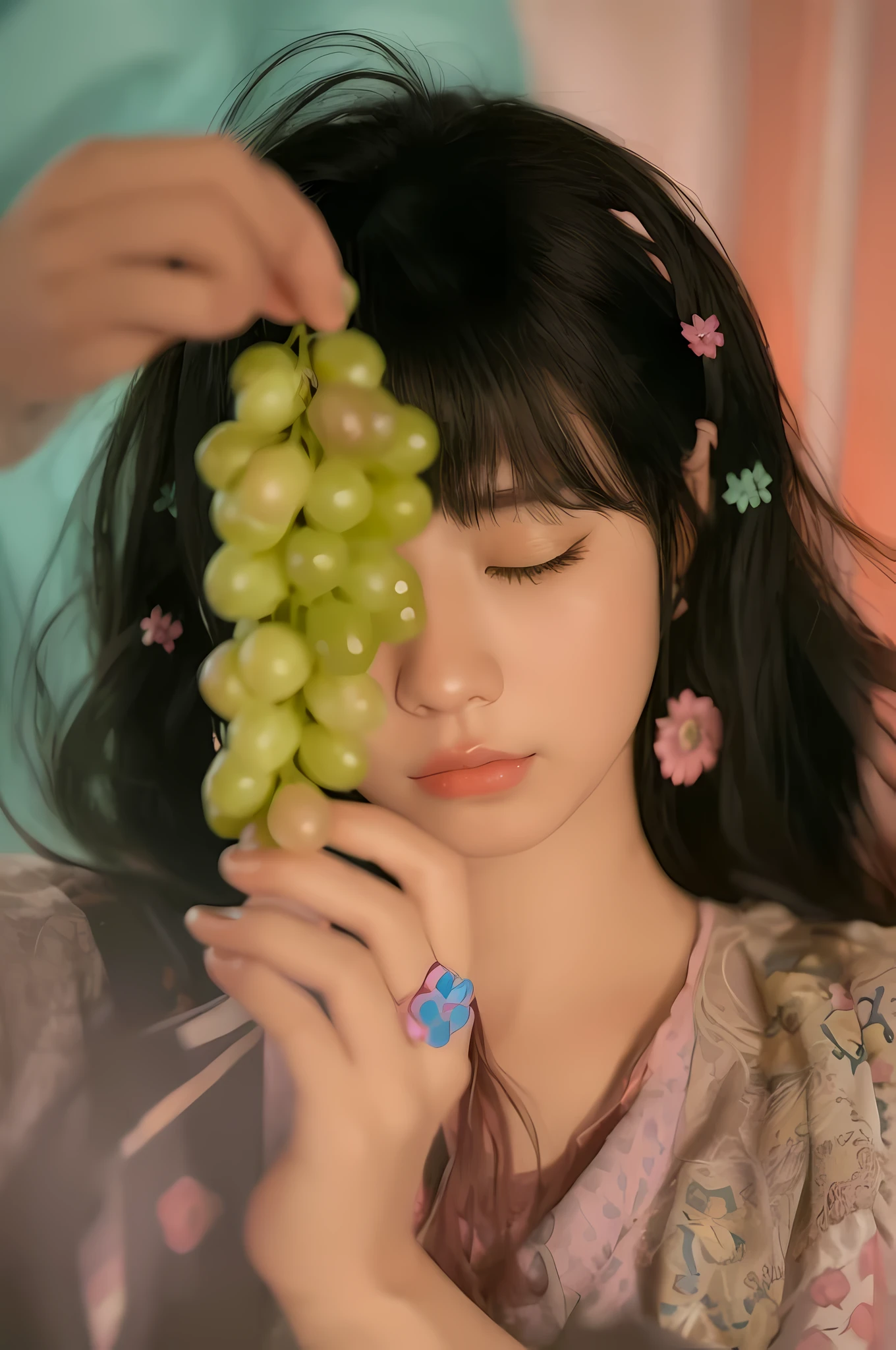 The Arapefi girl holds a bunch of grapes in front of her face, Shin Jinying, ulzzangs, jaeyeon nam, lofi girl aesthetic, Kim Do-young, shikamimi, Kim Tae-joon, ❤🔥🍄🌪, jinyoung shin art, lofi-girl, high quality portrait, seseon yoon, inspired by Miwa Komatsu,Close your eyes,Super detailed face,ssmile,is shy