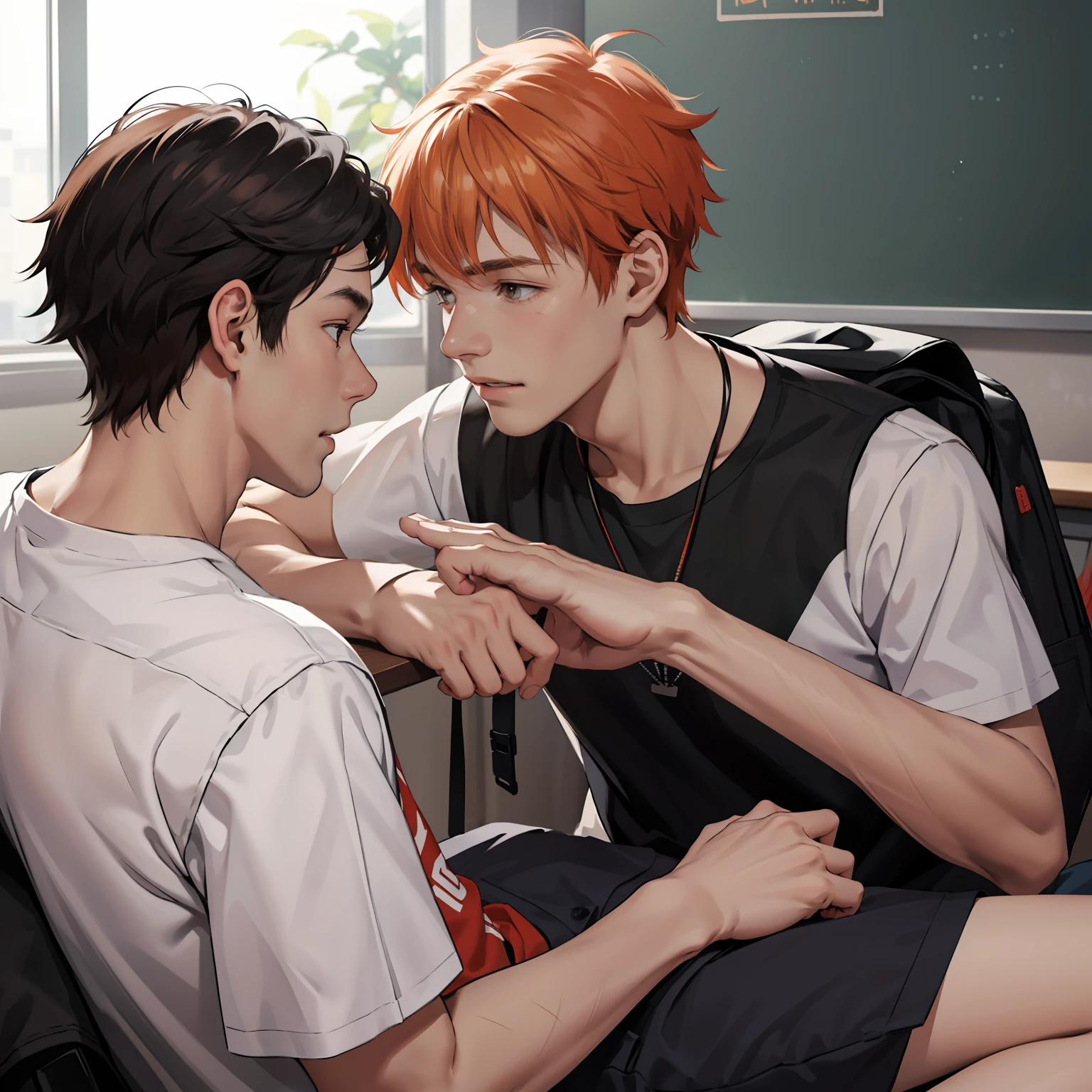 Two 15-year-old orange-haired age friends are talking, conversan, parlean en la escuela comparten un secreto de que son casi amigos de hermanos... (usar los mismo personajes)