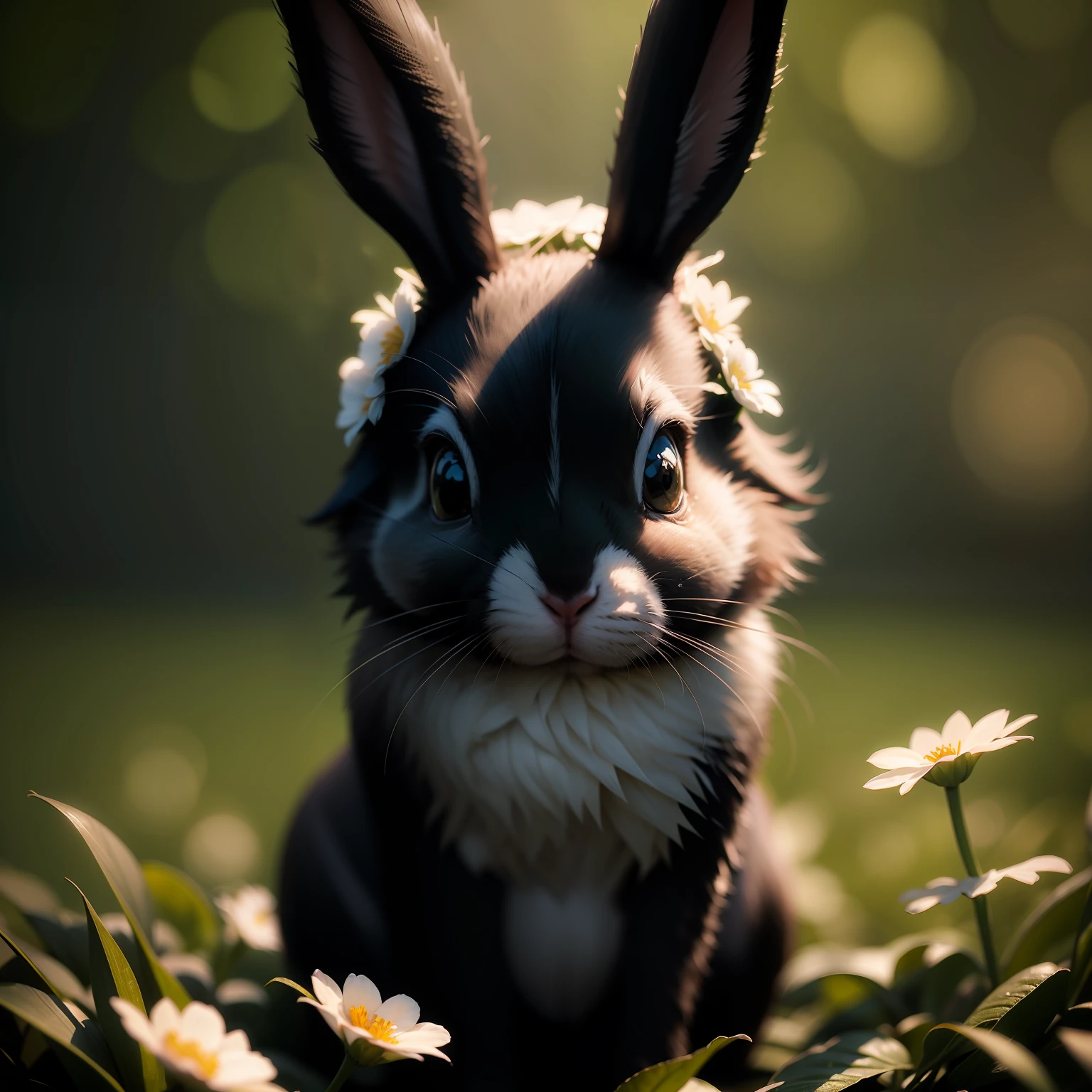 bunny, blur, bunny, flower, nature, no_humans, depth of field, to8contrast style, DARK_Glam, wearing DRK_Glam, deep shadows, (dark: 1.4)
