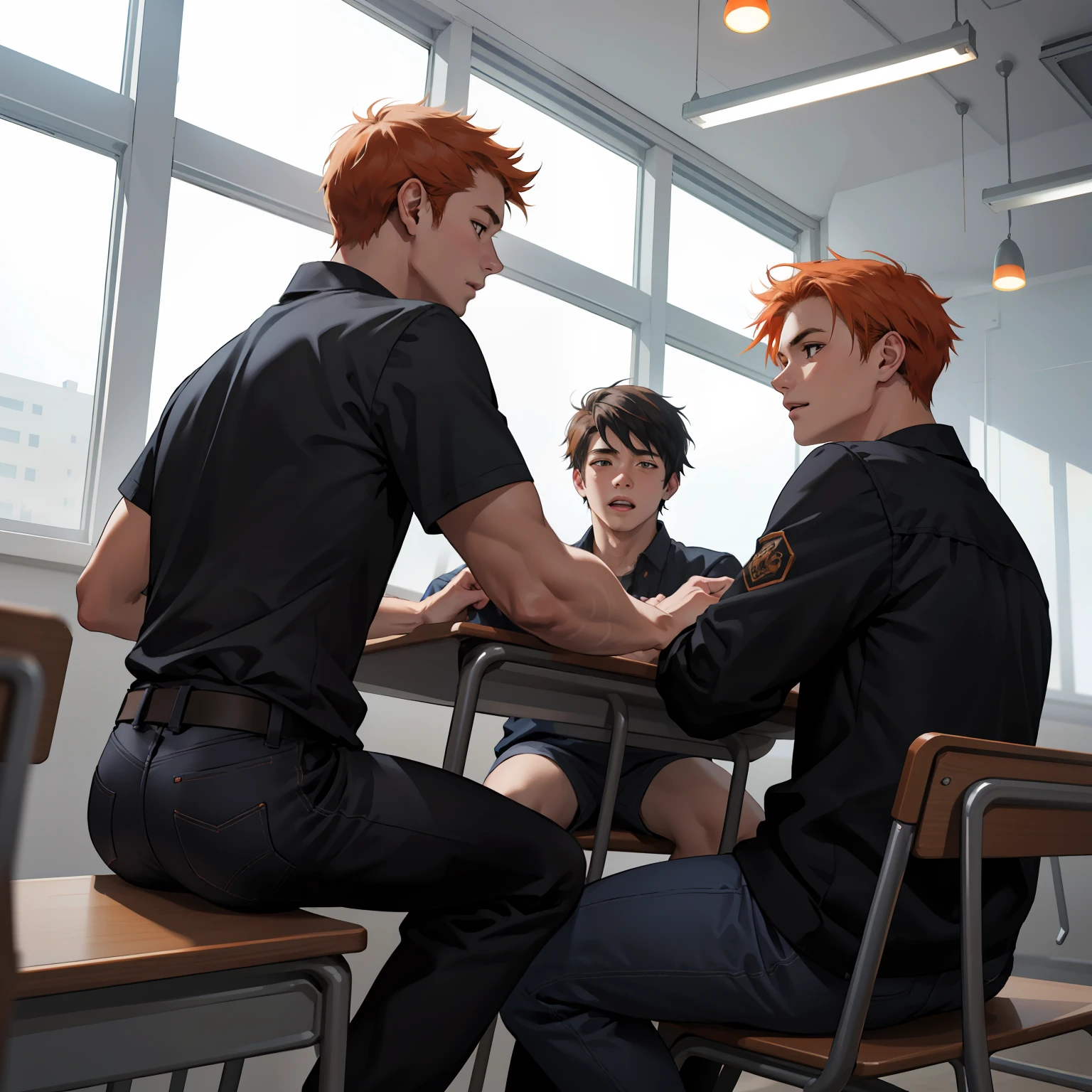 Two 15-year-old orange-haired teenage friends are talking, conversan, parlean  en la escuela comparten un secreto de que son casi amigos de hermanos... (usar los mismo personajes)