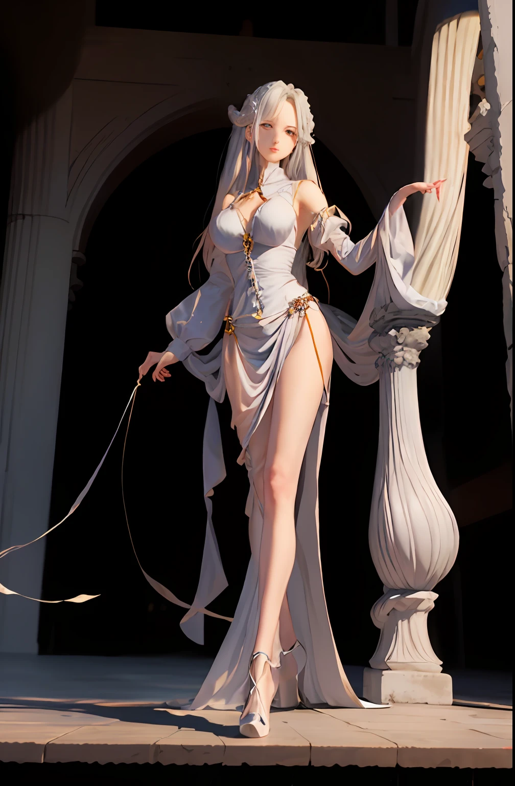 Master anime works，An impeccable masterpiece，8K picture quality: A full-fledged noblewoman was tied to a column，The legs are separated，solid color backdrop，Wear cool and sexy clothes，Female boss，Flowing silver hair，Full-body standing，Slender legs，Straight breasts，Detailed facial details，Naturally beautiful standing，Vivid and authentic body details