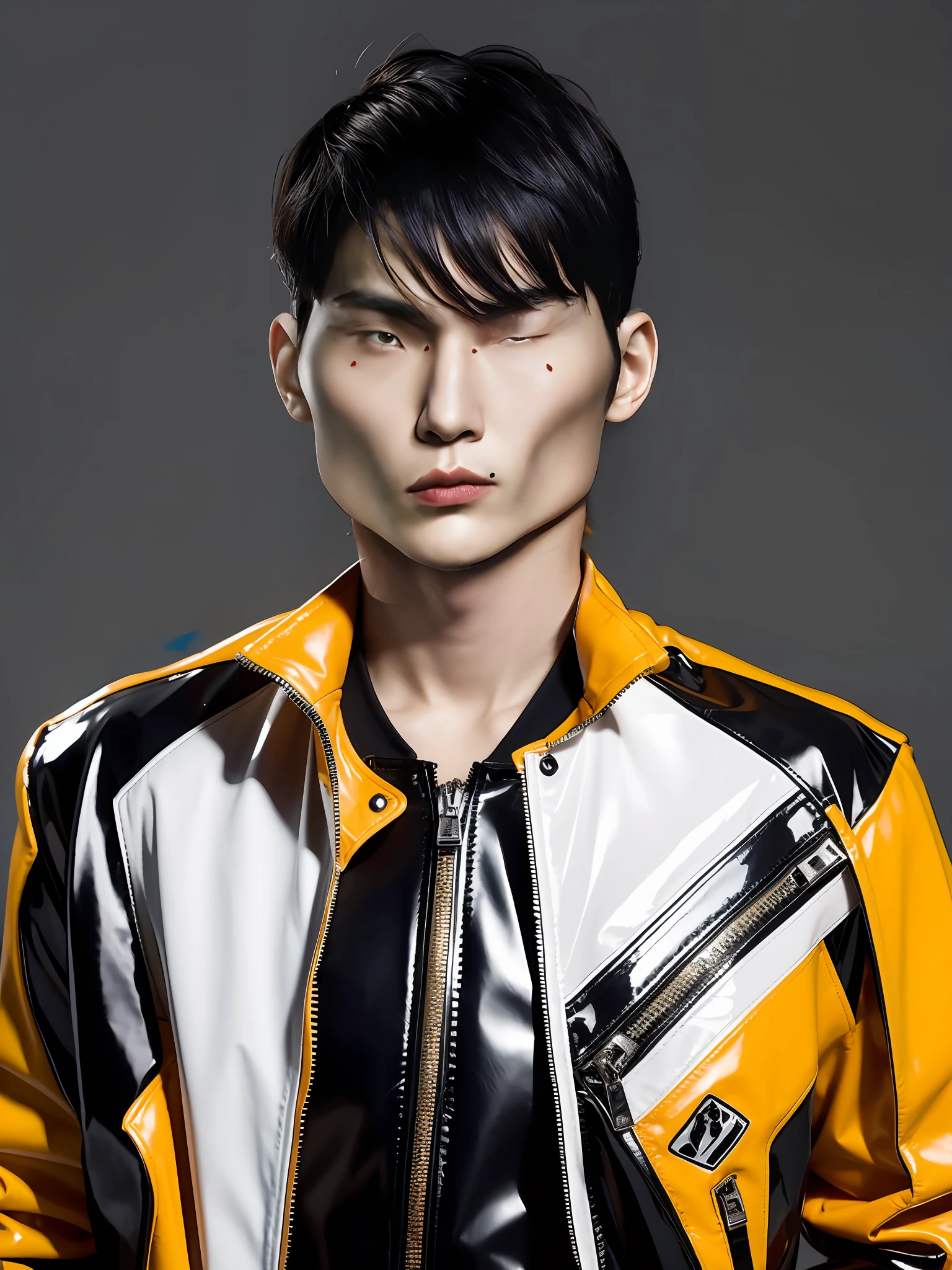 A Chinese male high school student,Wear PVC fashion leather jacket,There are zippers