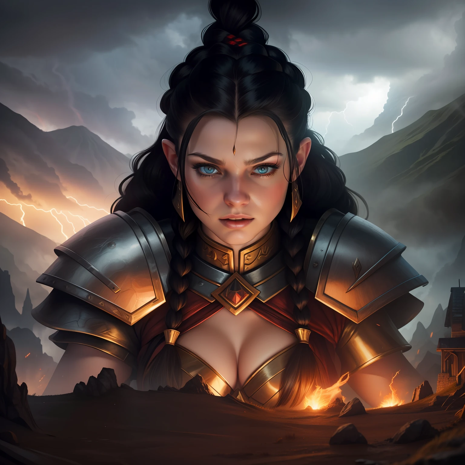 8k, high definition, masterpiece, huge resolution, (warhammer fantasy style:0.8), (dwarf:1.0), (short limbs:0.8), (woman:1.0), (Short height:0.8), (illustration), close up, 1girl, armored robes, action shot, realistic reflections, cinematic composition, solo, red thunder storm, cloudy ash sky, mood lighting, big head, pale skin, Black hair styled in braids, volcano background,