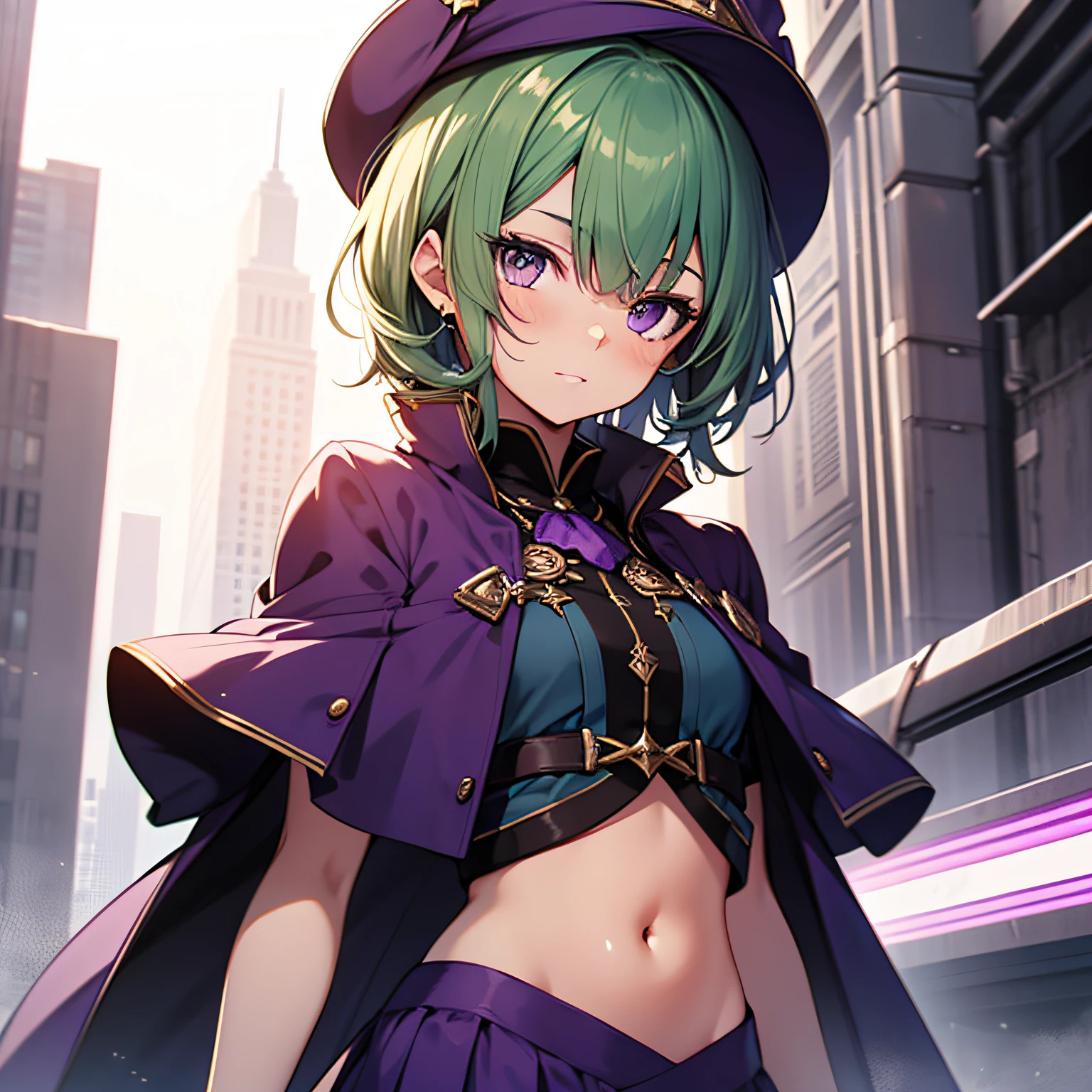 Top quality, very delicate and beautiful, (teenage girl), purple eyes, green hair, short hair, (purple pointy hat), purple tie, one, short sleeves, purple skirt, purple wizard robe, navel