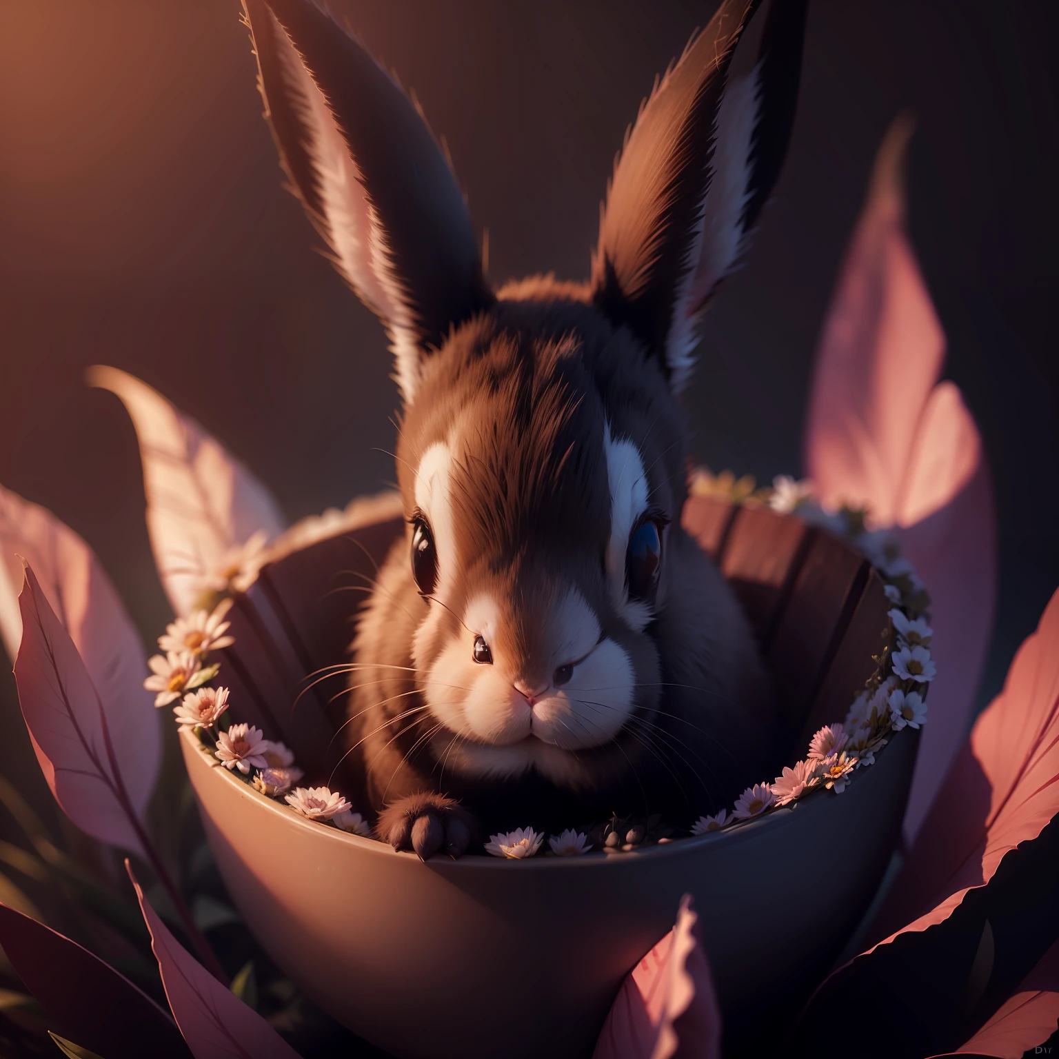bunny, blur, bunny, flower, nature, no_humans, depth of field, to8contrast style, DARK_Glam, wearing DRK_Glam, deep shadows, (dark: 1.4)