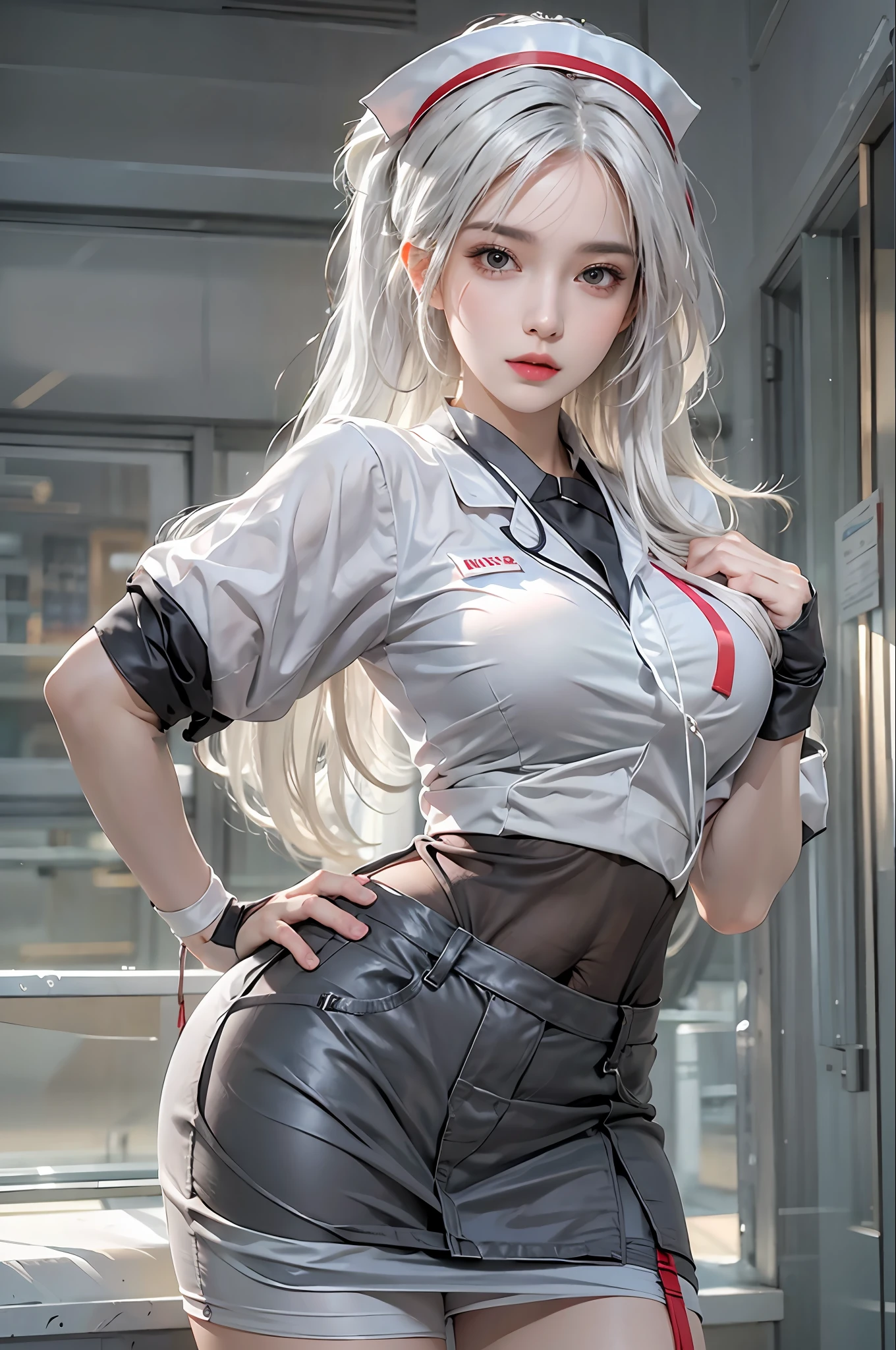 photorealistic, high resolution, 1women, solo, hips up, look at viewer, (detailed face), white hair, long hair, nurse outfit, stockings