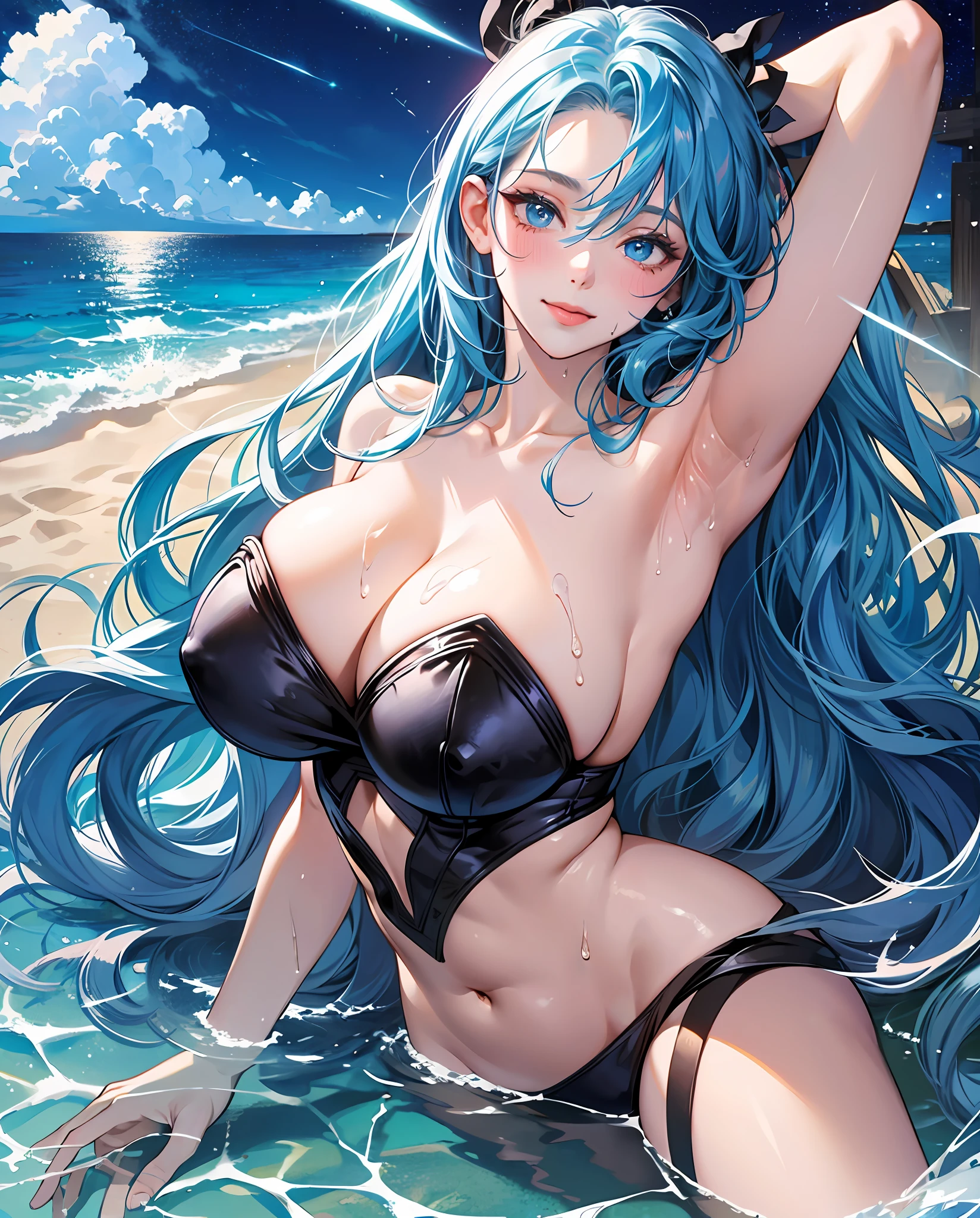 8K、top-quality、An ultra-high picture quality、ultra-detailliert、animesque、Ultra-realistic flesh feeling、portlate、full bodyesbian、A sexy、Super High Leg、Beautuful Women、Wet white、The skin is sheer、piece、Cross-eyed、put out the tongue、Blushing cheeks、Slick、Water running through the skin、collarbone visible、Long blue hair、Blue eyes、shinny skin、Very gigantic-breasts、ample breasts、extremely big ass、shinny skin 、Background is the beach at night 、The sky is a fantastic meteor shower --auto --s2