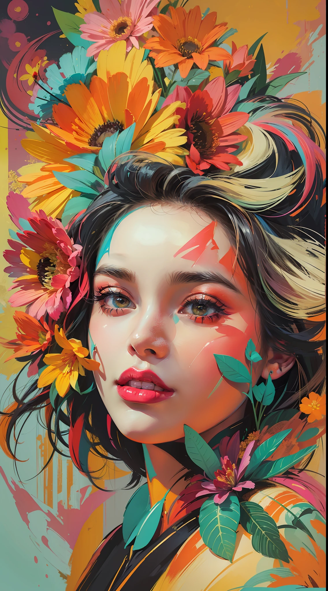 Create a digital art work in pop art style, featureing a vibrant and confident woman with bold makeup and colorfull fashion, cinematic color scheme, surrounded by vintage flowers patterns, energtic brushstrokes,the mood should be dynamic, upper body, drawing, illustration