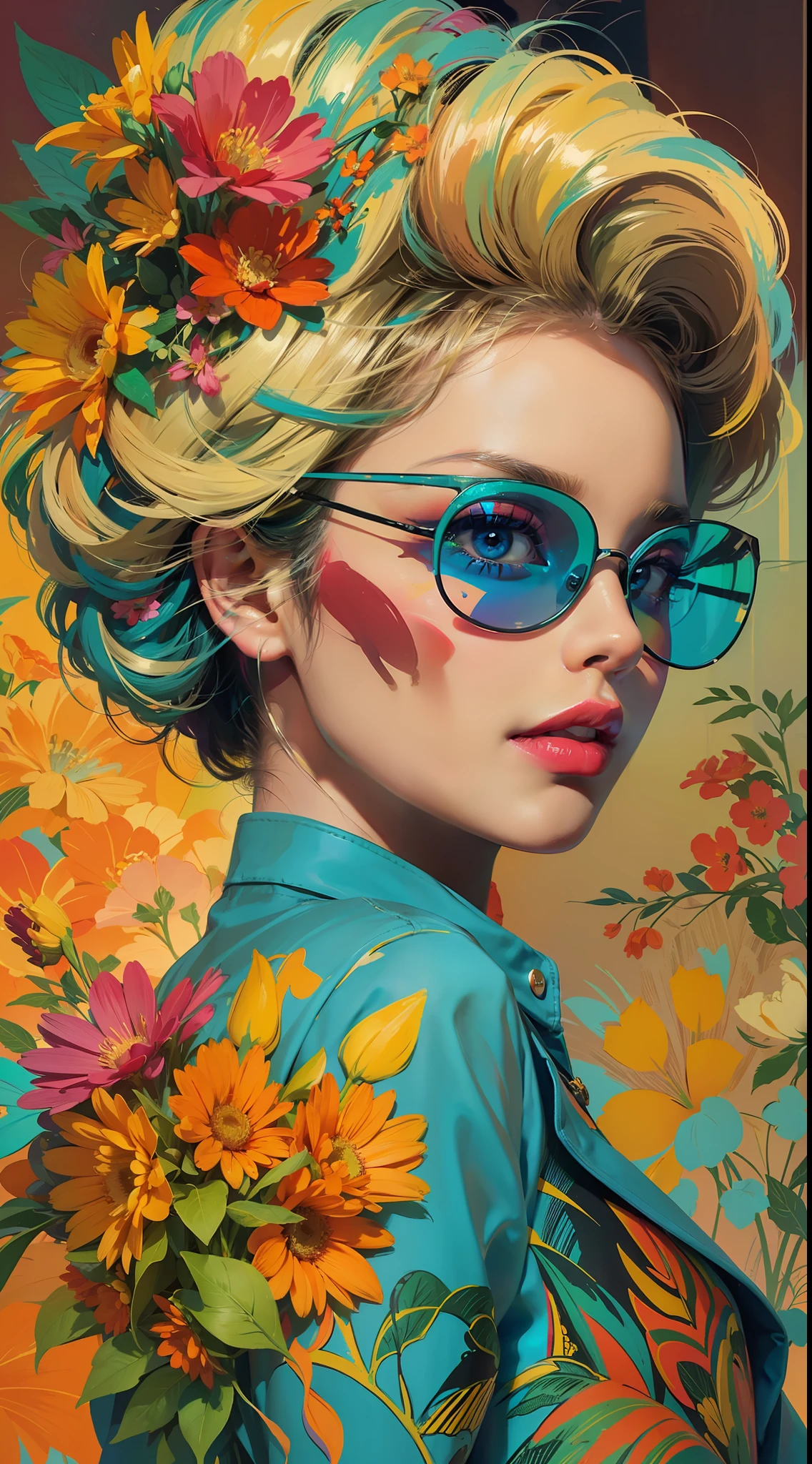 Create a digital art work in pop art style, featureing a vibrant and confident woman with bold makeup and colorfull fashion, cinematic color scheme, surrounded by vintage flowers patterns, energtic brushstrokes,the mood should be dynamic, upper body, drawing, illustration