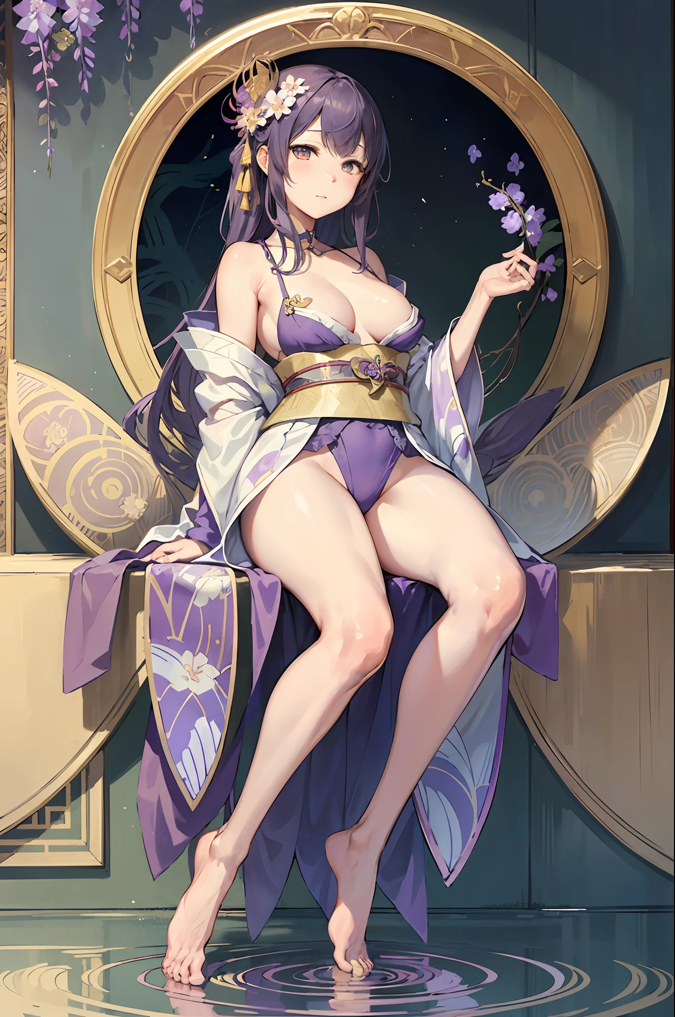 Personification of wisteria flowers、Wearing a kimono、Frame Japan Village、Decorative panel、abstract  art、By Alphonse Mucha (​masterpiece、top-quality、hight resolution: 1.4)、More about realism、intricate-detail、4K、color splashes、line-drawing、Fibonacci、Tarot Cards