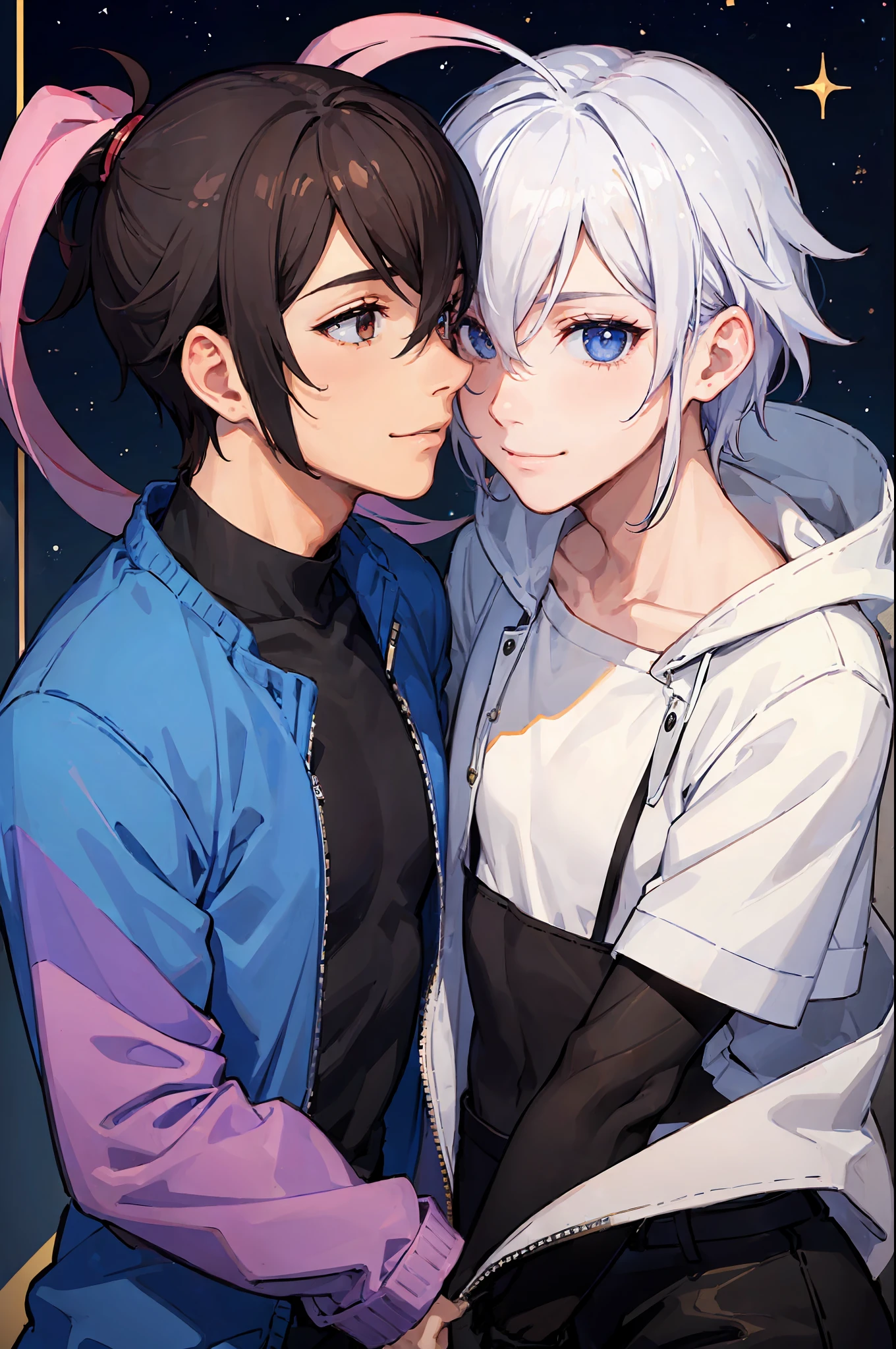 ((2male)),((eye contact)),gay male,yaoi,smiling,pop style,star