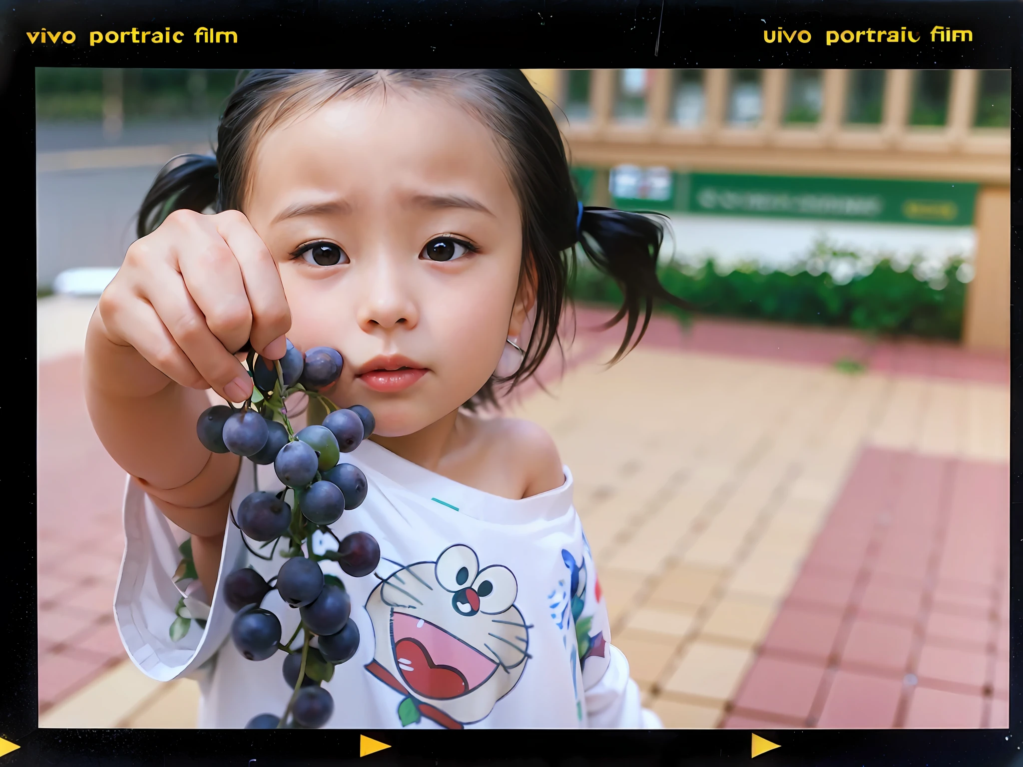 There was a little girl holding a bunch of grapes in her hand, f 1.4 kodak portra, close-up portrait film still, kodak portra, Kodak portrait film, fujicolor sample, 3 5 mm portrait, Two 5 mm ports, 35mm color photo, kodak portra 800 film
