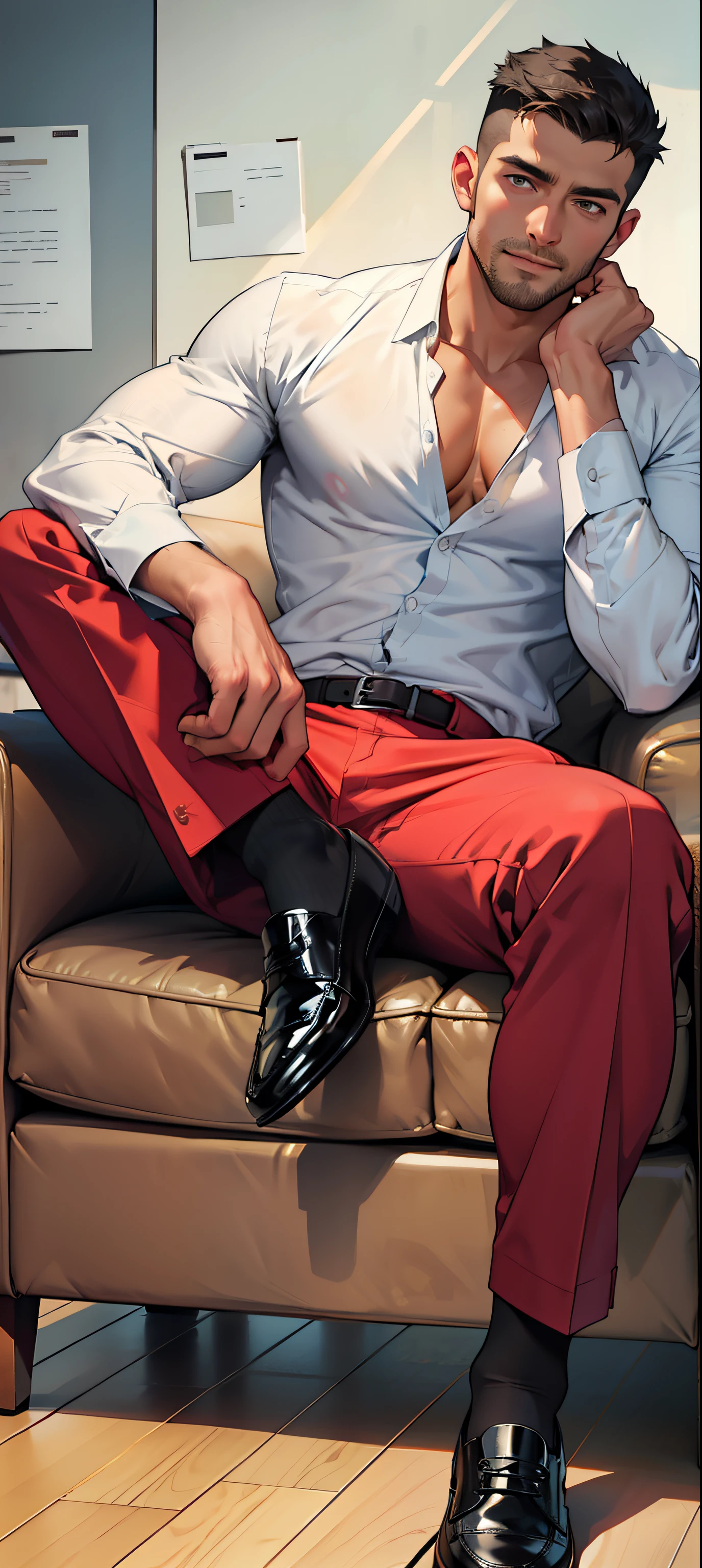 masterpiece, best quality, face, natural eyes, 1man, european, big feet, black socks, (no shoes), full body, naked, a naked male, naked mature and handsome male, a man only wears underwear, large bulge, long legs, looking at viewer, 30 years old, muscled and mature, short haircut, muscular man wearing a white shirt, wearing suit pant, wearing black socks, wearing leather shoes, shirt buttons undone, sitting on a sofa with leg streched, office