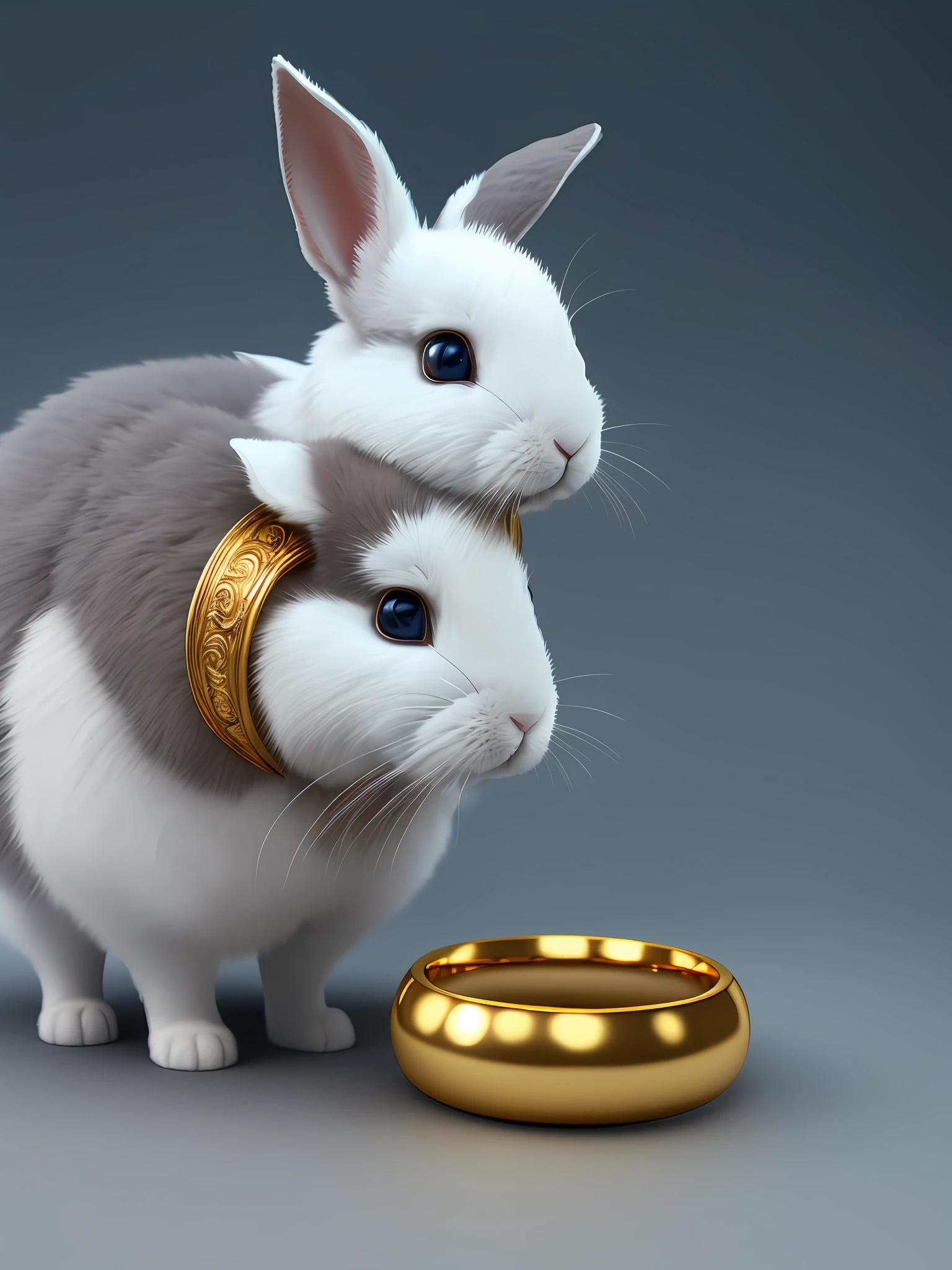 there is a rabbit that is standing next to a gold ring, cute 3 d render, rabbit_bunny, finalrender, rabbits, high res render, artistic render, realistic fantasy render, a photorealistic rendering, bunnies, depicted as a 3 d render, detailed render, raytraced render, rendered in blender, semi - realistic render, rendered art, digital render