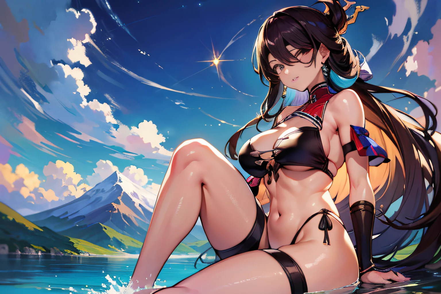 (NSTDA.:1.2), (10, beste-Qualit, master-piece: 1.4), ultra-high resolution, (lifelike, photorealistic portrait: 1.48), 20 age, Cute Girl, (See through the bikini beetle), Famous Japanese actors, beautiful clear eyes, G Cup Big Breasts, Head tilt., cowboy shot, from the side, looking at the audience, expressionless, valley, Surrounded by white clouds, It is surrounded by a half-moon-shaped terrace that overlaps like fish scales........ When the wind blows through the mountains, Watch the colorful waves in layers.. In this paradise-like place........ ,, Whole body, foot, Ultra-Wide Angle,