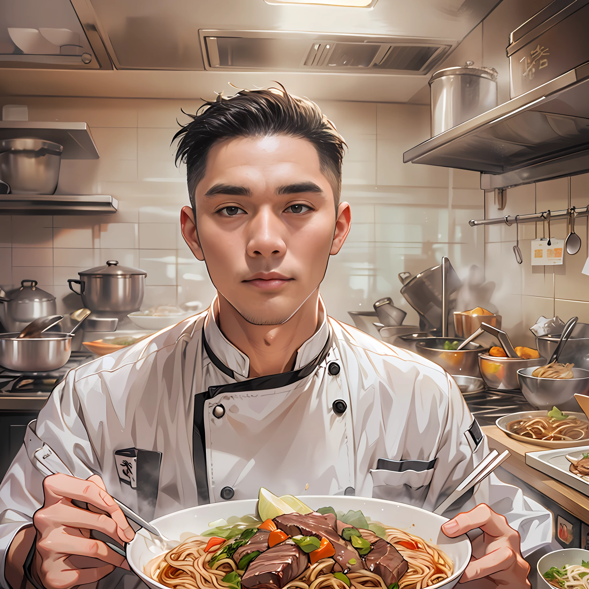 A young and handsome chef stands in front of the camera，Holding a tempting bowl of beef noodles,in the style of the stars art group xing xing, 32k, best quality, masterpiece, super detail,