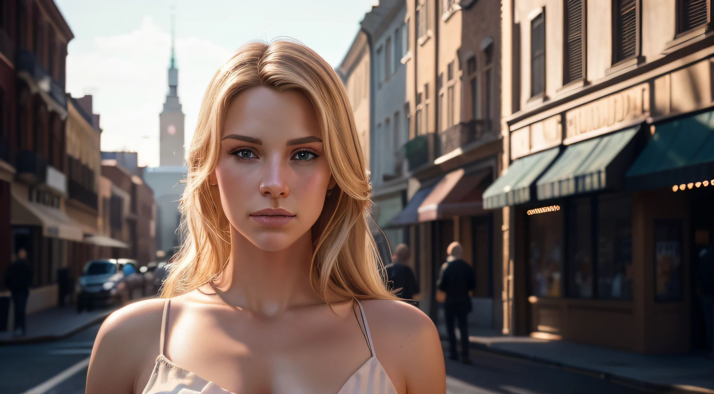 Image of a handsome Caucasian woman on a street that is out of focus, staring into the camera, blonde hair, rule of thirds, locate to the right of the image, wide angle lens, 5 meter distance from the camera, landscape, man, young, handsome face, detailed face, fair skin, detailed hair, looking at viewer, stunning realistic photograph, octane render, intricately detailed, cinematic, Isometric, hyperrealistic cover photo, awesome full color, 12k, high definition, cinematic, stylized digital art, smooth, ultra high definition, 8k, unreal engine 5, intricate artwork masterpiece, vibrant, (masterpiece), (best quality), (ultra high resolution), (8k resolution), (ultra detailed), (raytracing),