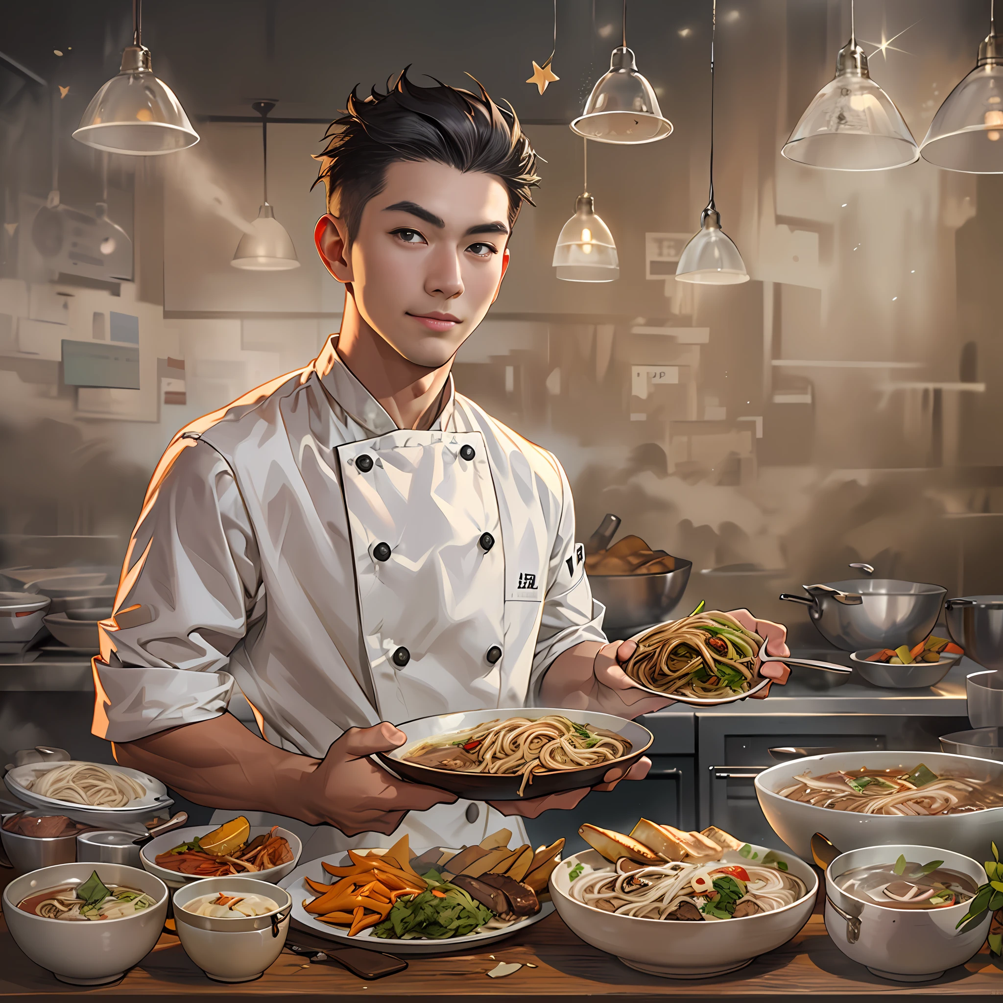 A young and handsome chef stands in front of the camera,Holding a tempting bowl of beef noodles,in the style of the stars art group xing xing, 32k, best quality, masterpiece, super detail,