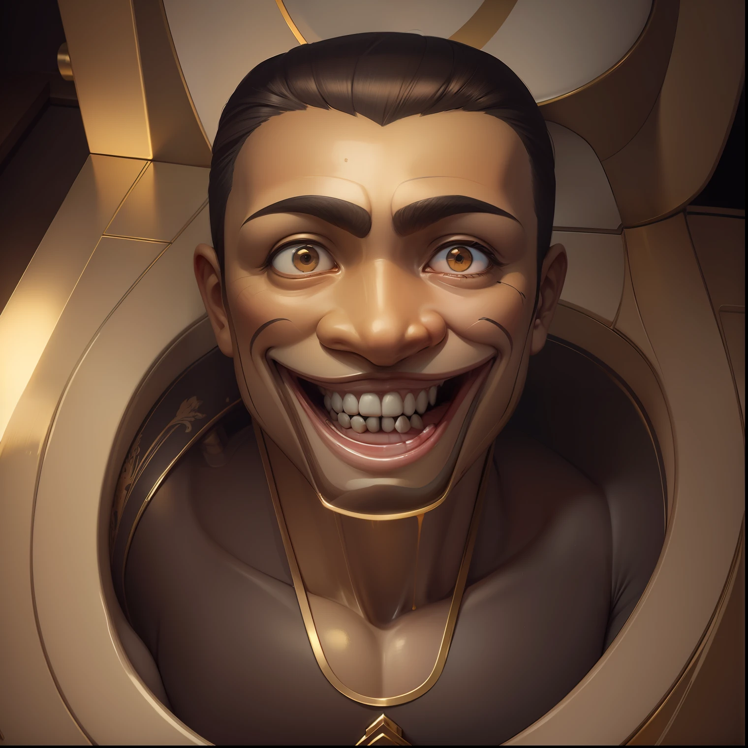 Skibidi toilet, only the head changed, facial features slightly changed, , cartoonish, with one broken golden horn on the left, with a gold tooth in its mouth, fine detail, cinematic, warm lights, intricate detail, very realistic,, (color mute: 1.38 ), (neutral colors: 1.2)